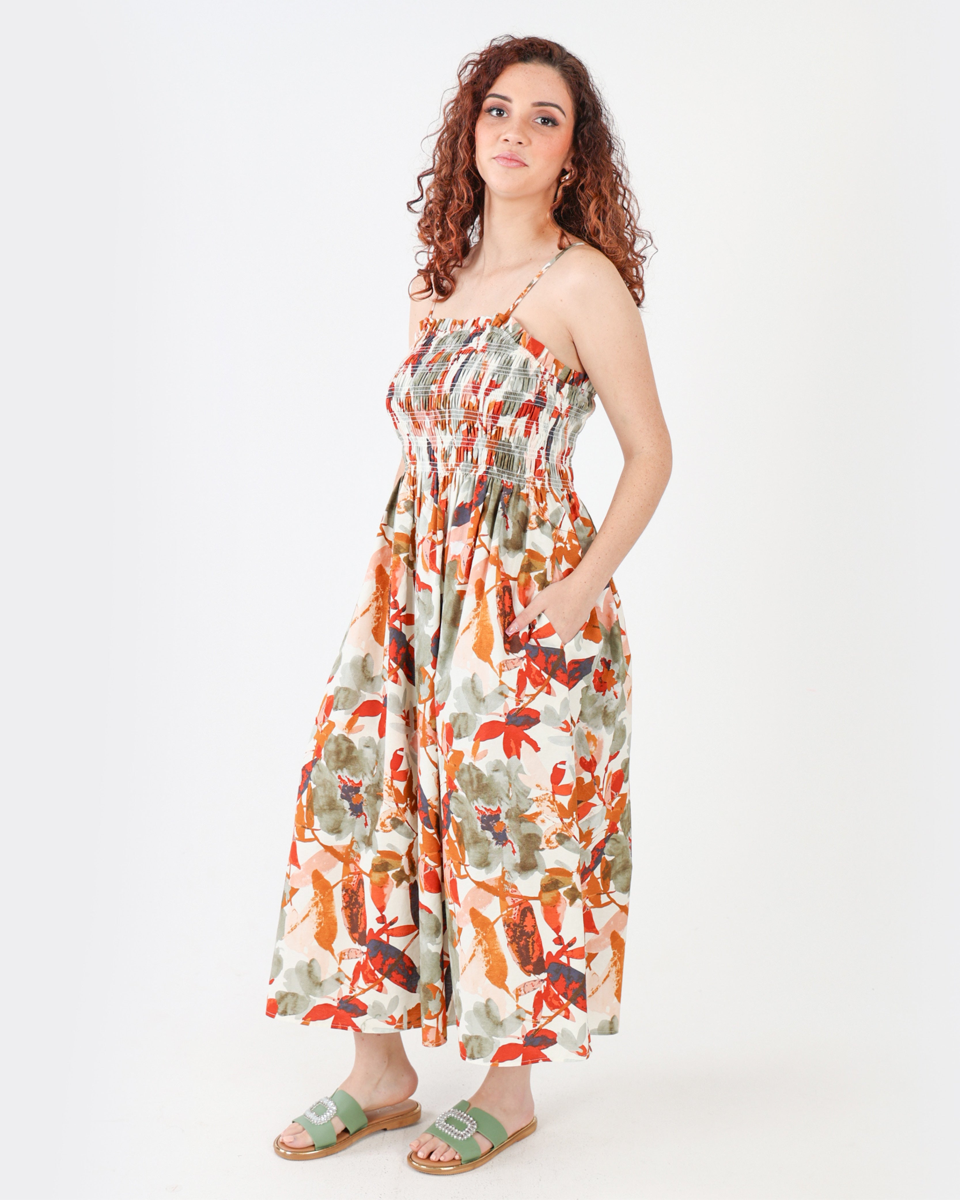 Rust Ruched Bodice Printed Strappy Maxi Dress