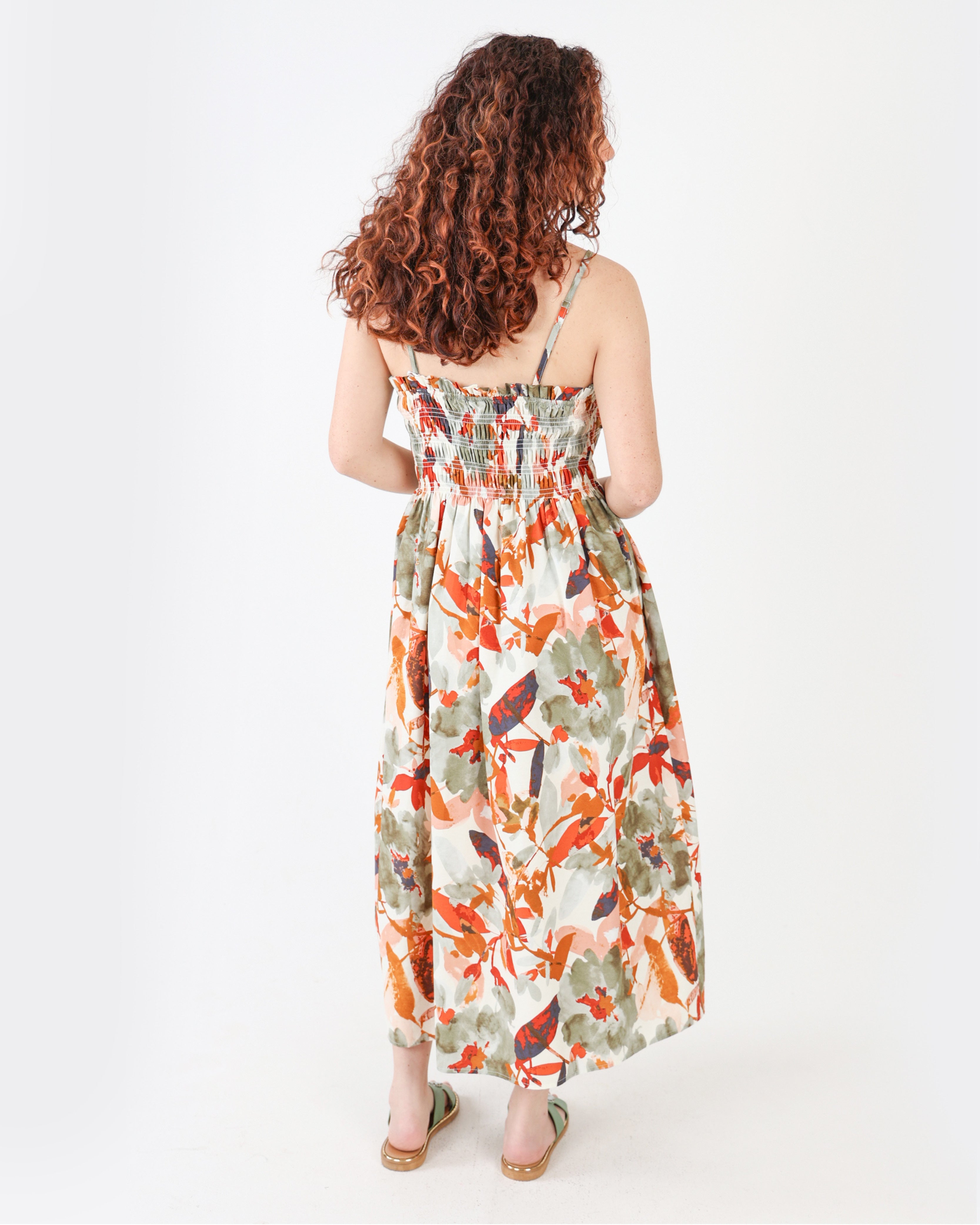 Rust Ruched Bodice Printed Strappy Maxi Dress