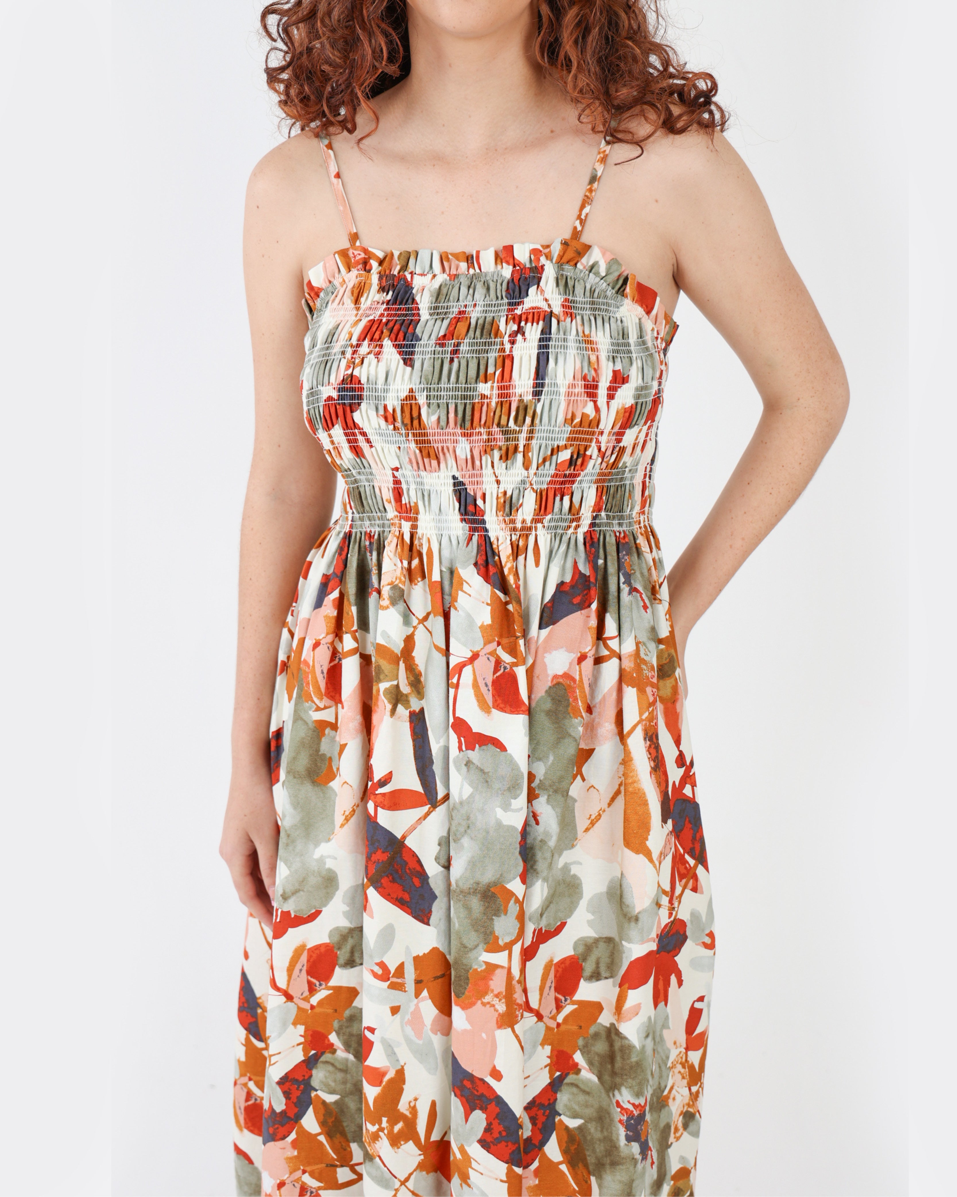 Rust Ruched Bodice Printed Strappy Maxi Dress