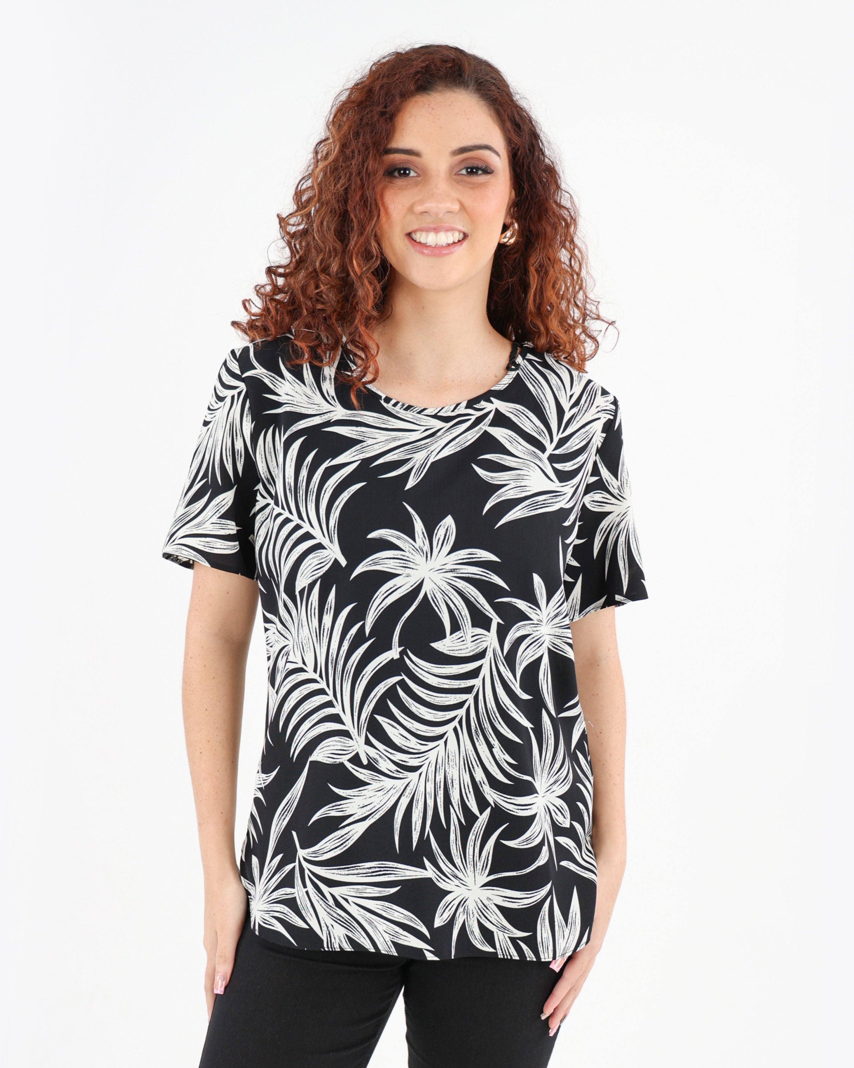 Short Sleeve Monochrome Palm Print Blouse