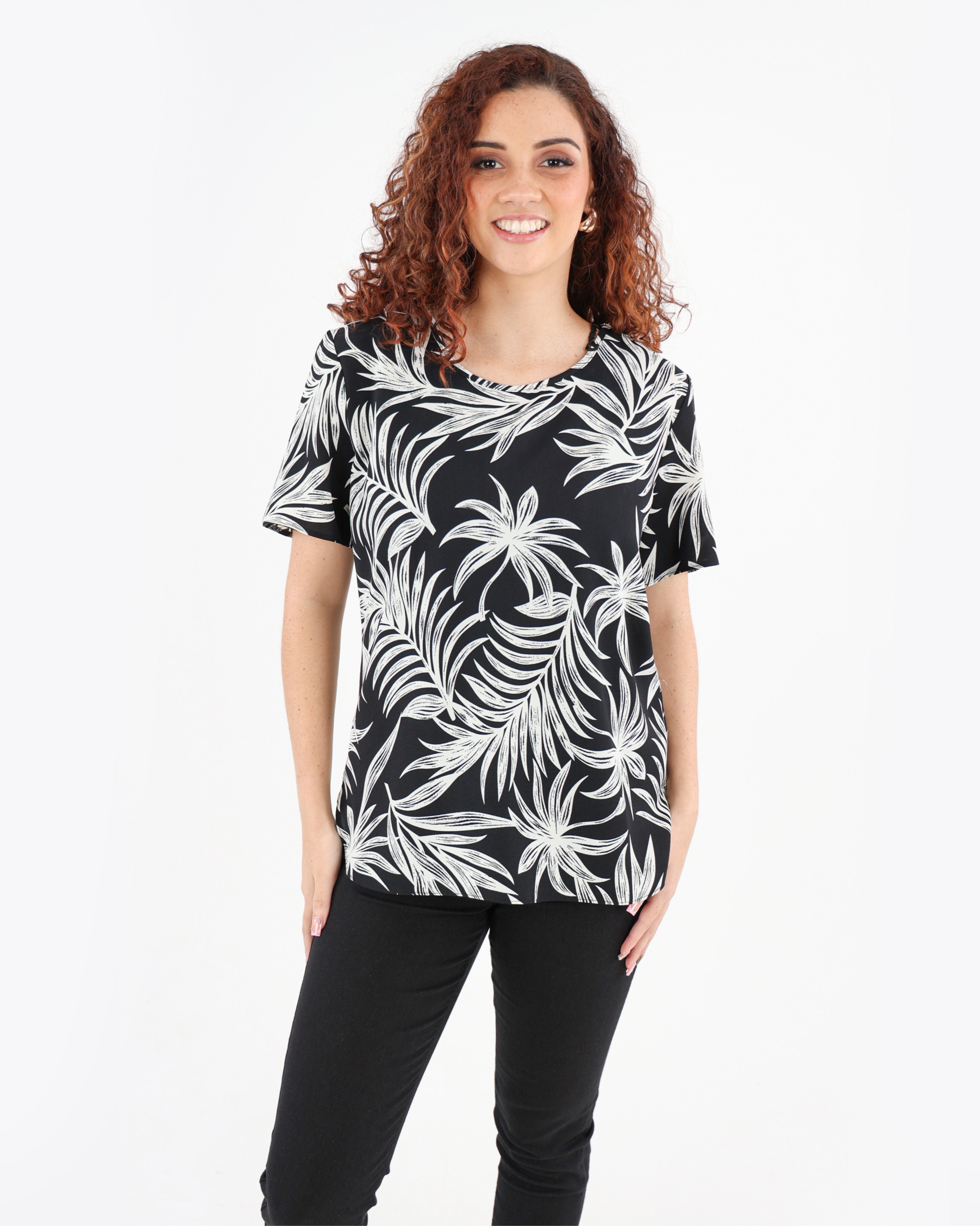 Short Sleeve Monochrome Palm Print Blouse