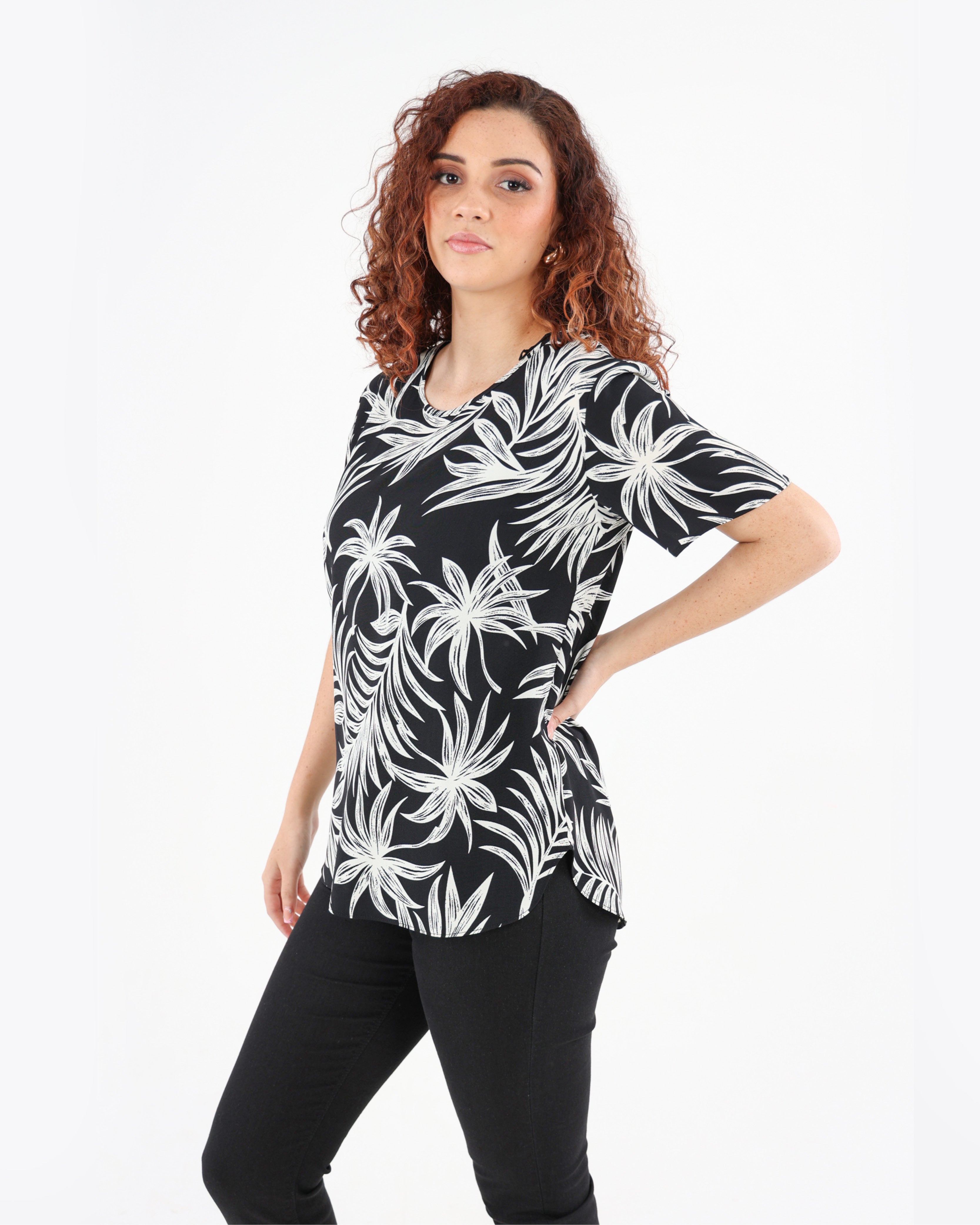 Short Sleeve Monochrome Palm Print Blouse
