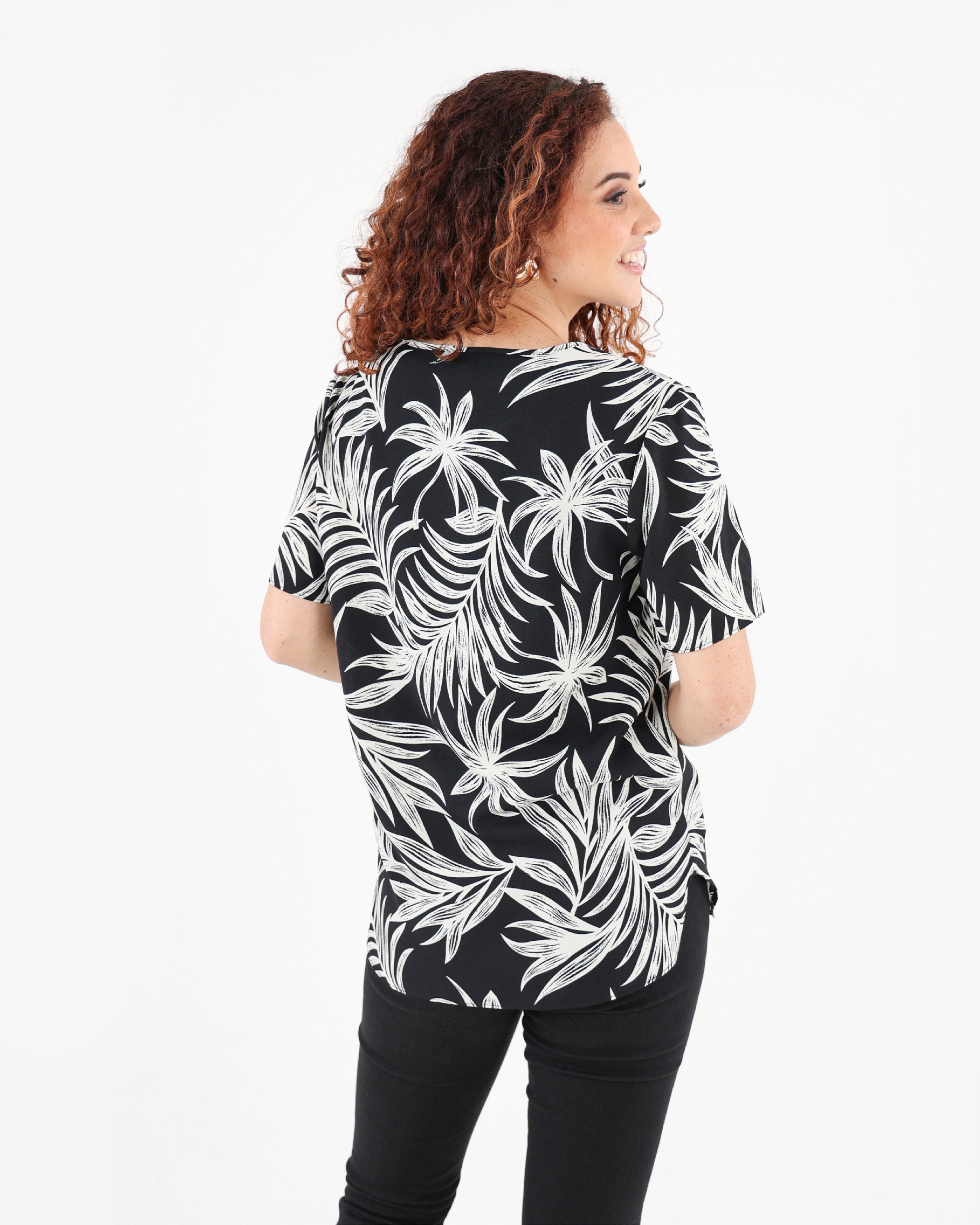 Short Sleeve Monochrome Palm Print Blouse