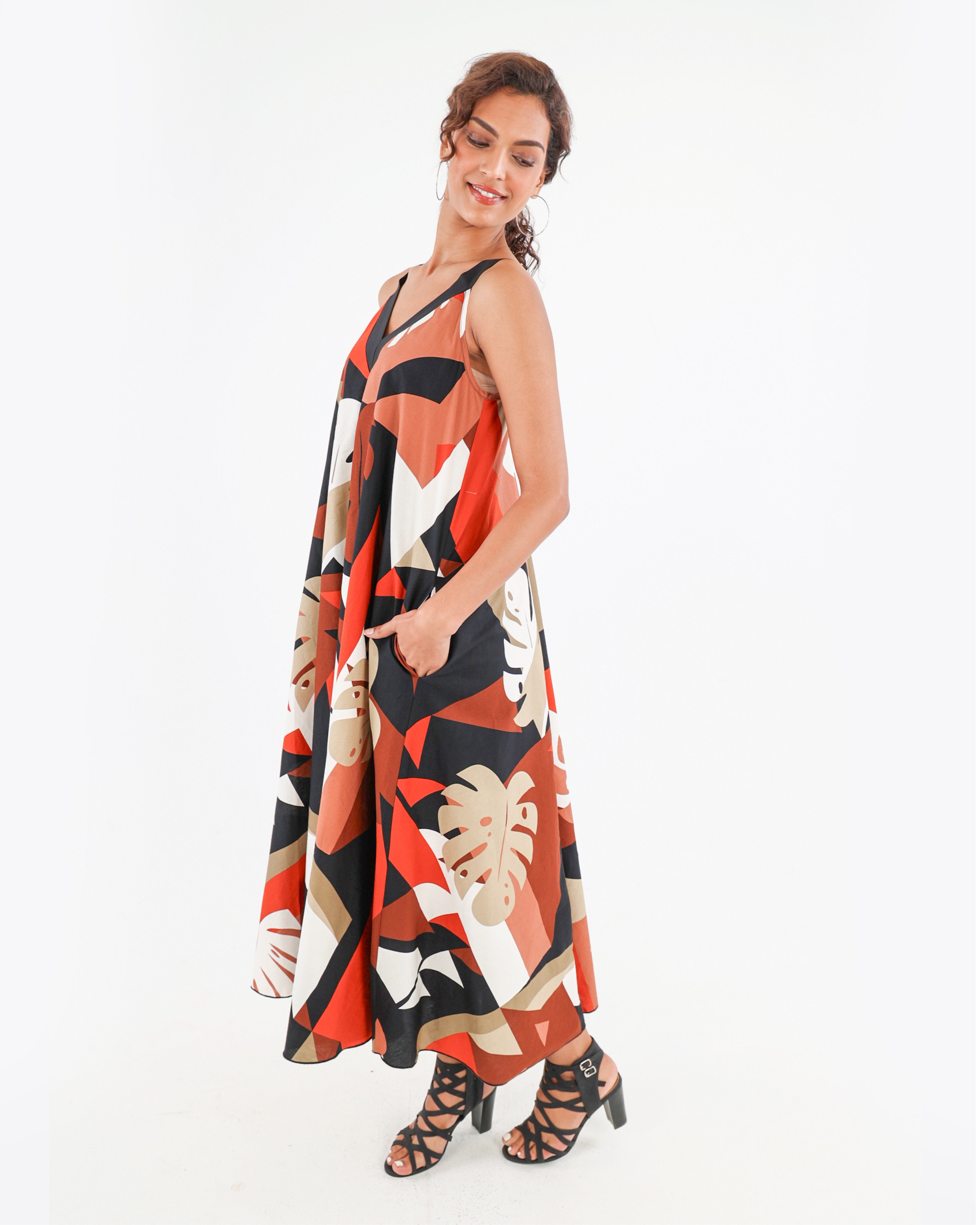 Rust V-Neck Flared Maxi Dress