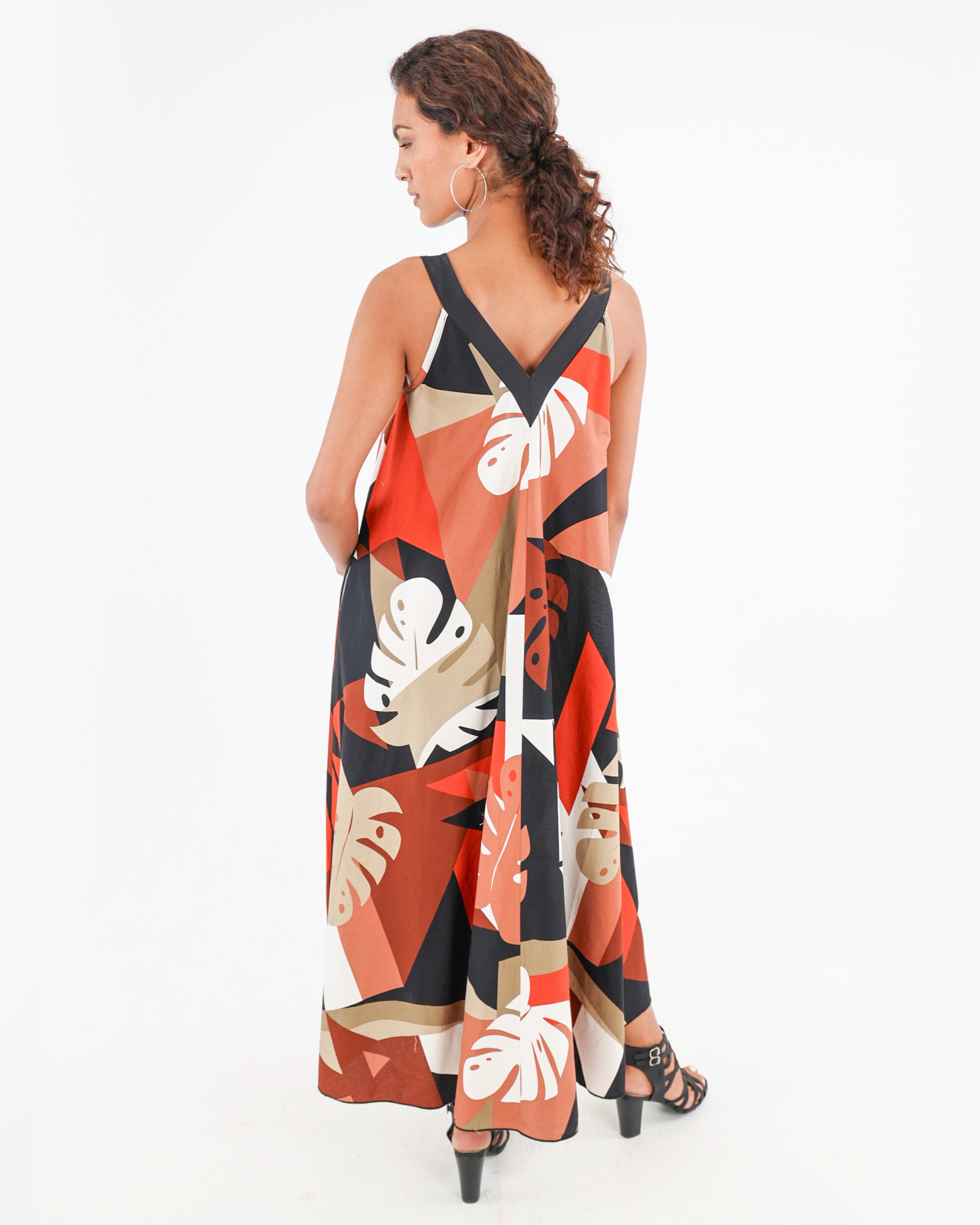 Rust V-Neck Flared Maxi Dress