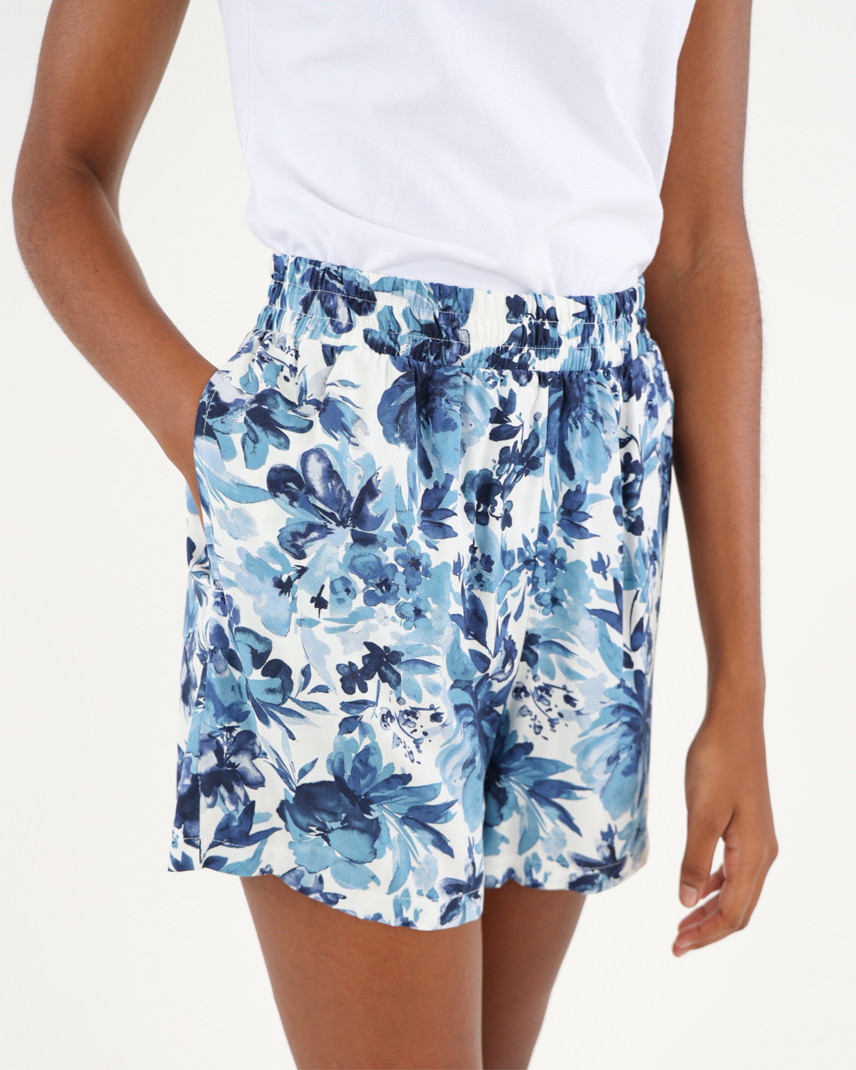 Blue Floral Print Shorts