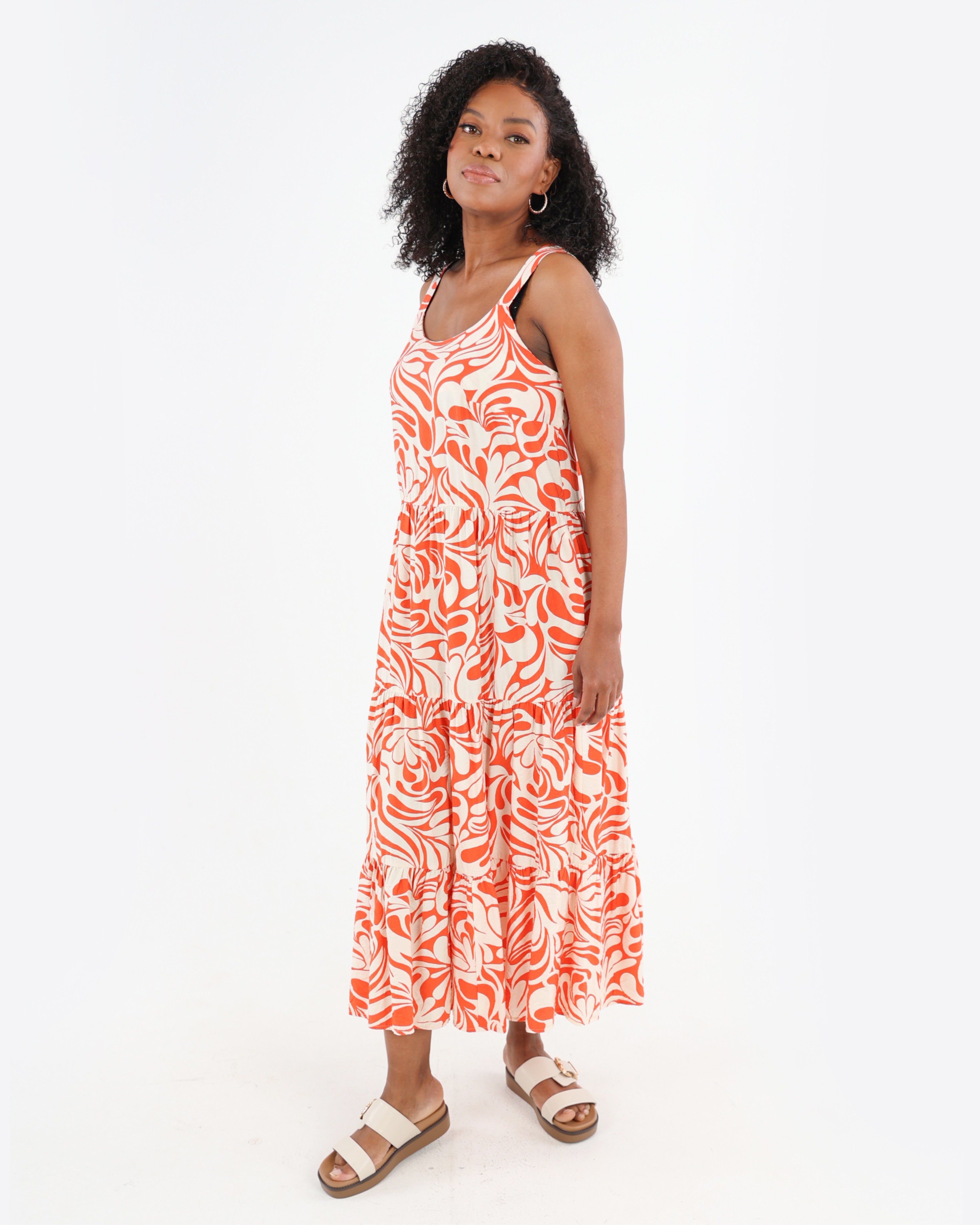 Orange Tiered Printed Maxi Dress