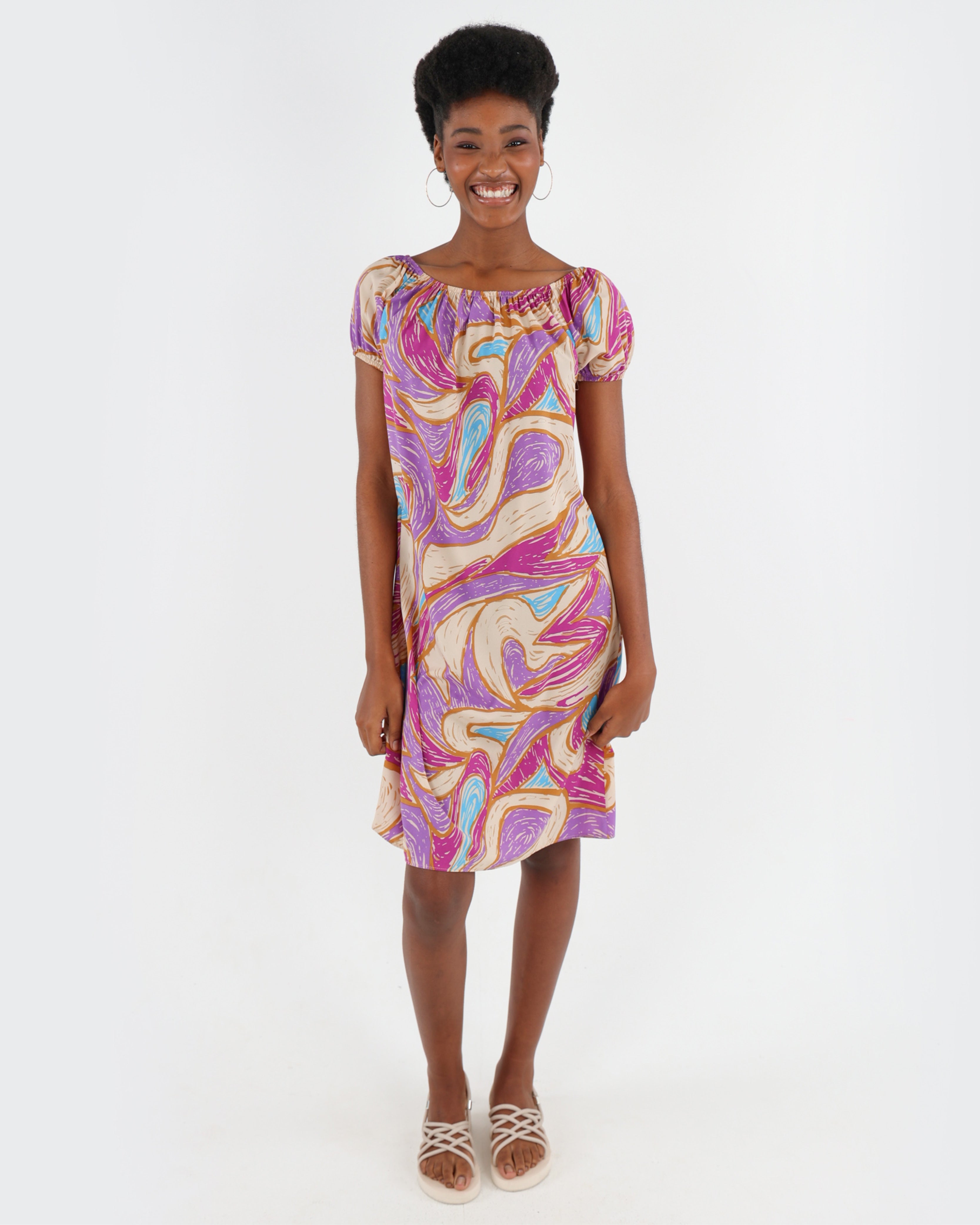 Short Puff Sleeve Abstract Print Dress