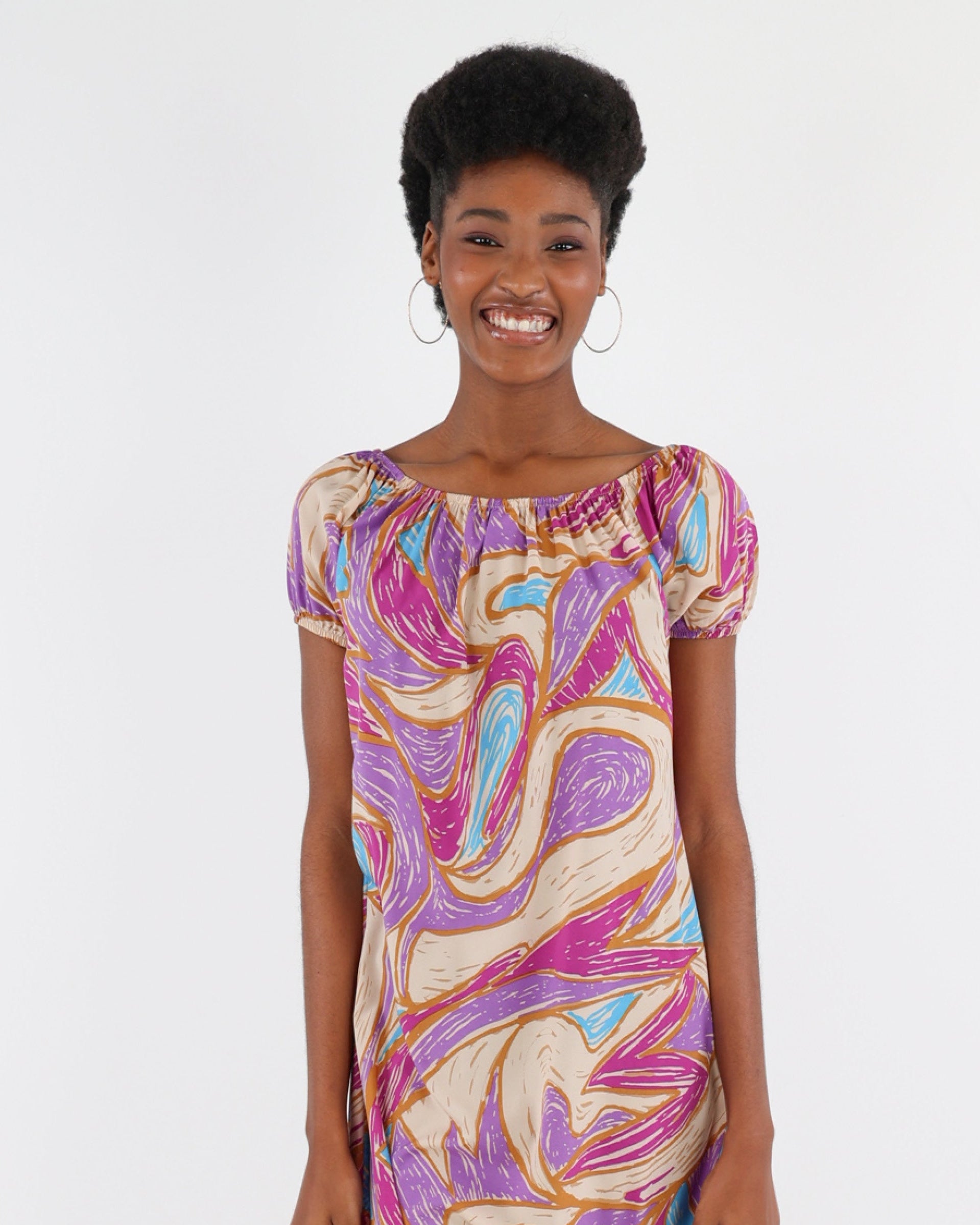 Short Puff Sleeve Abstract Print Dress