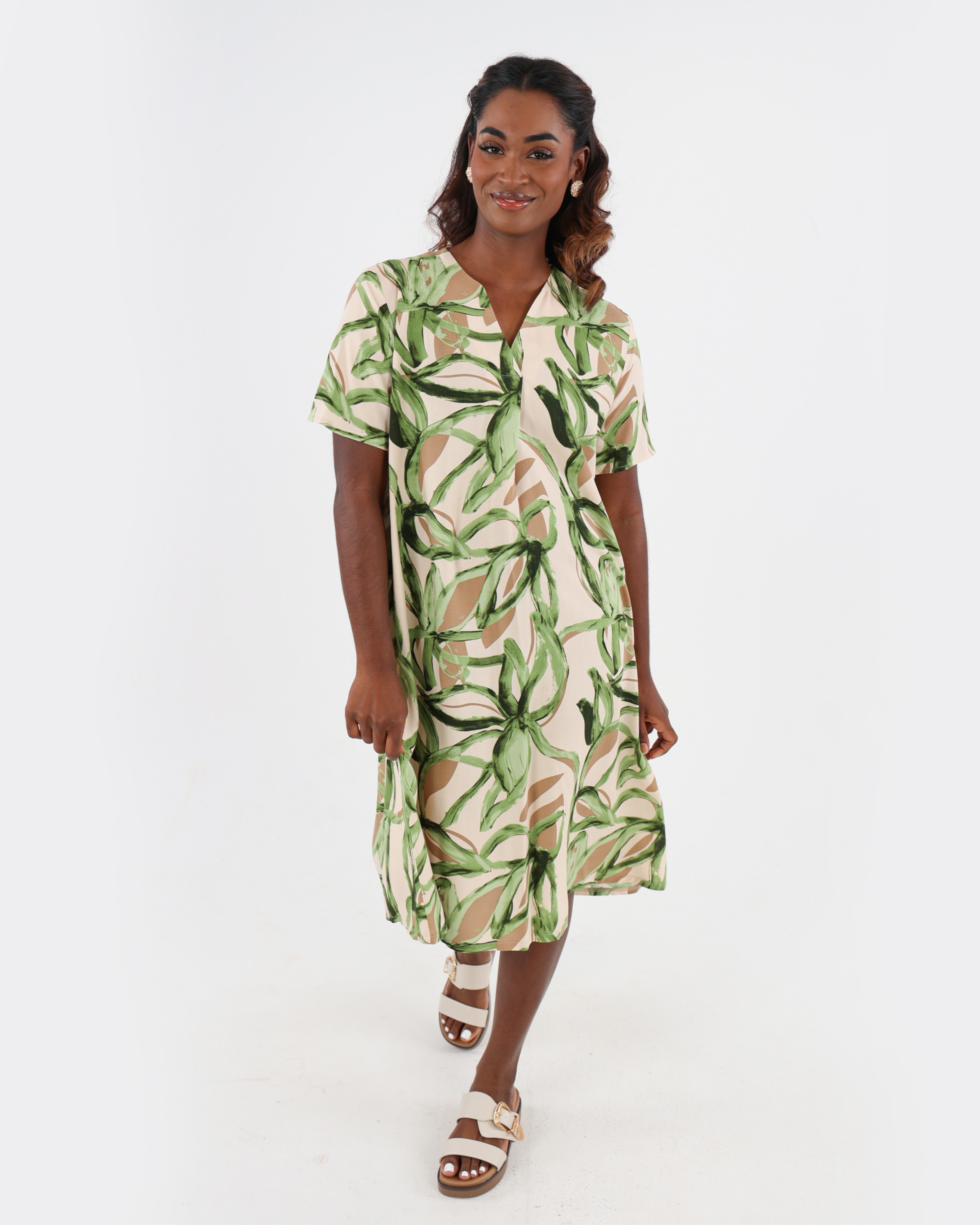 Leaf Print Front Pleat Midi Dress