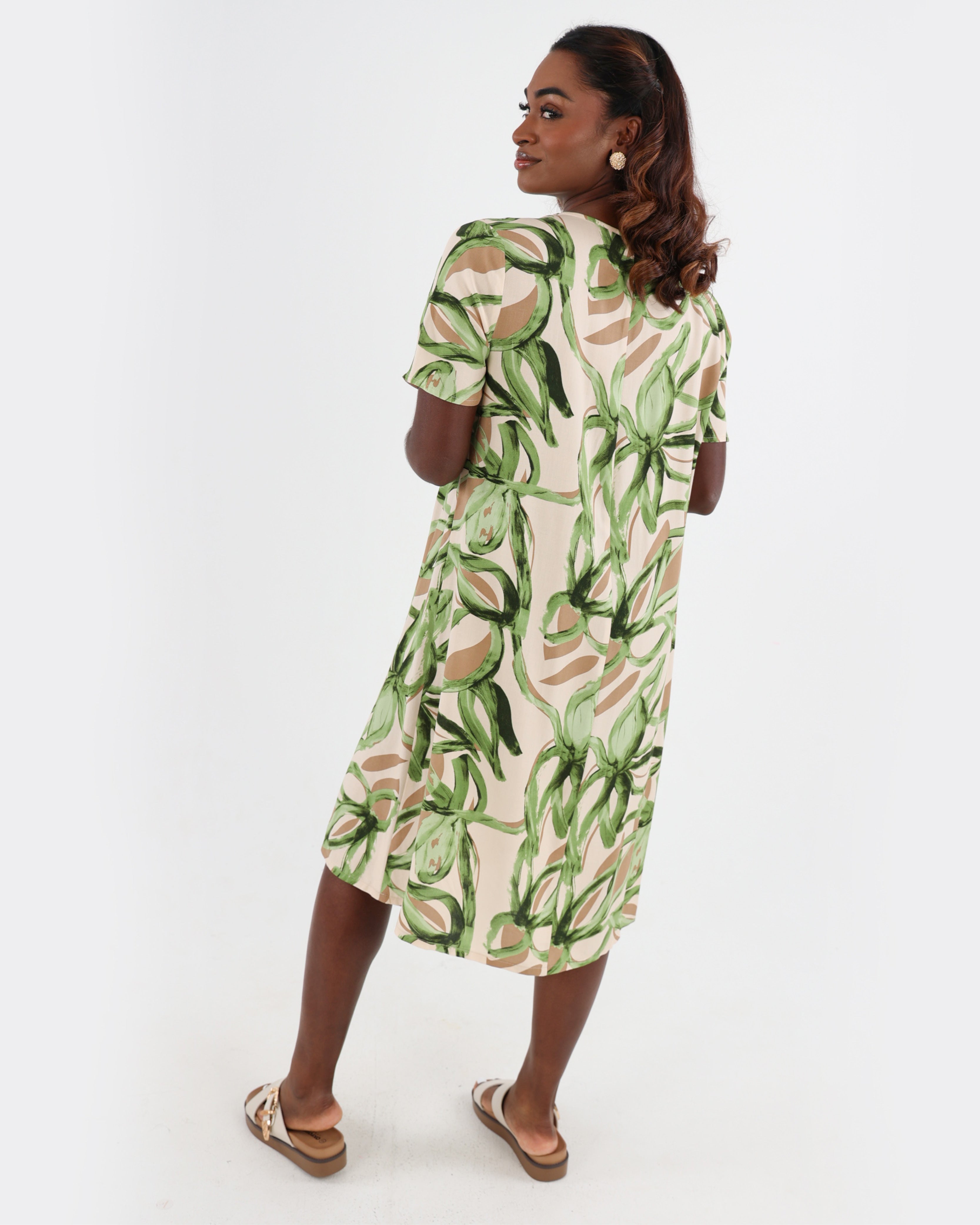 Leaf Print Front Pleat Midi Dress