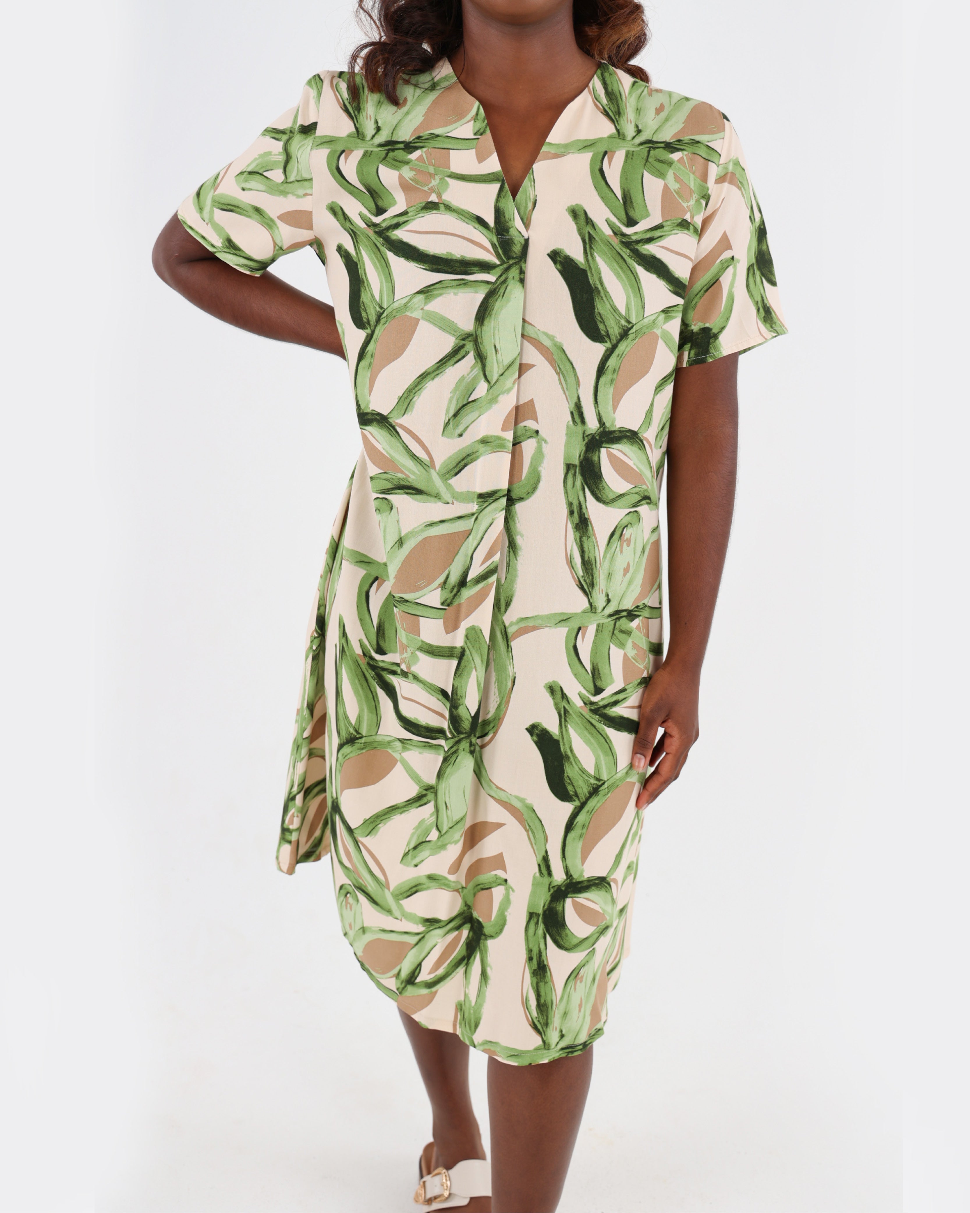 Leaf Print Front Pleat Midi Dress