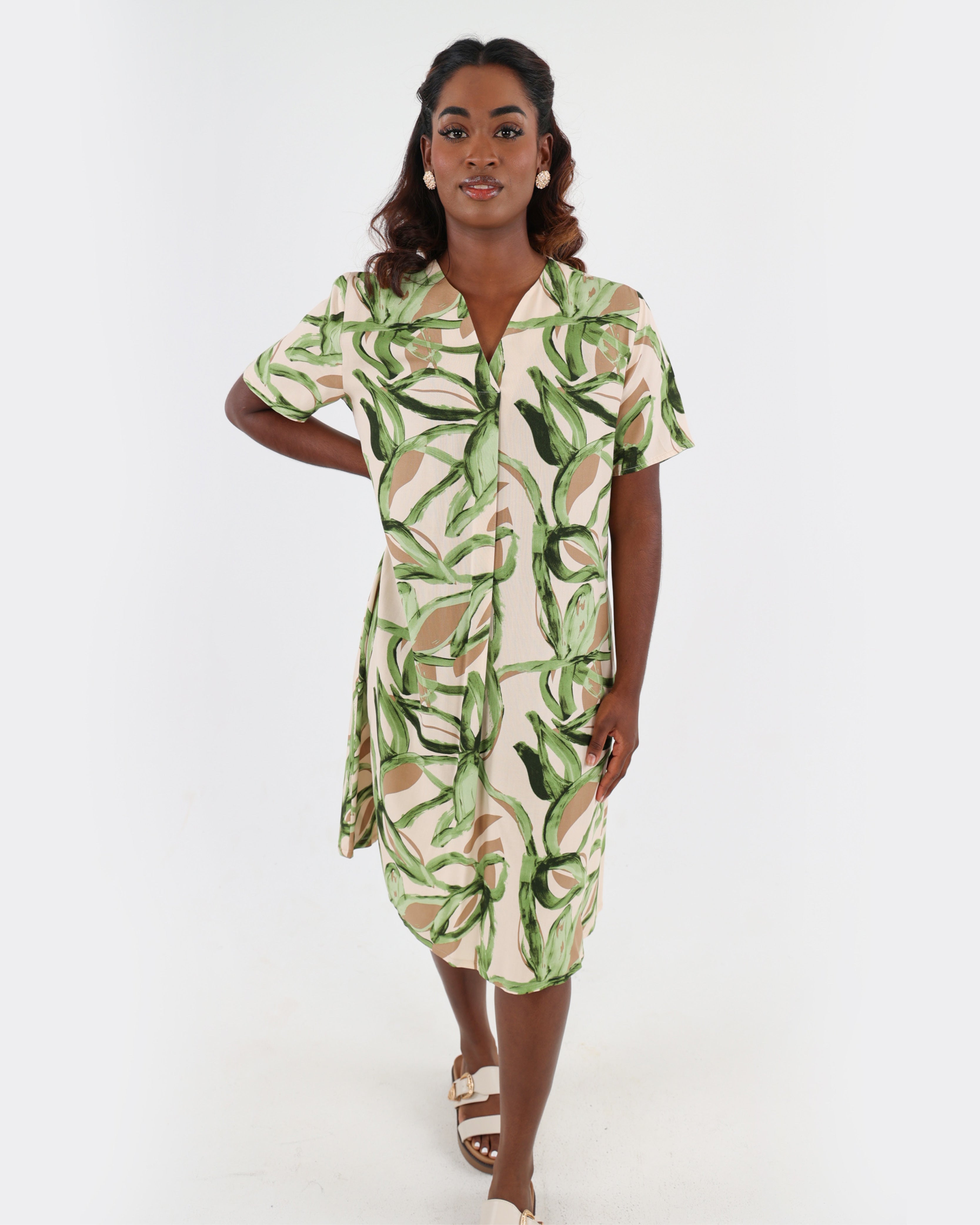 Leaf Print Front Pleat Midi Dress