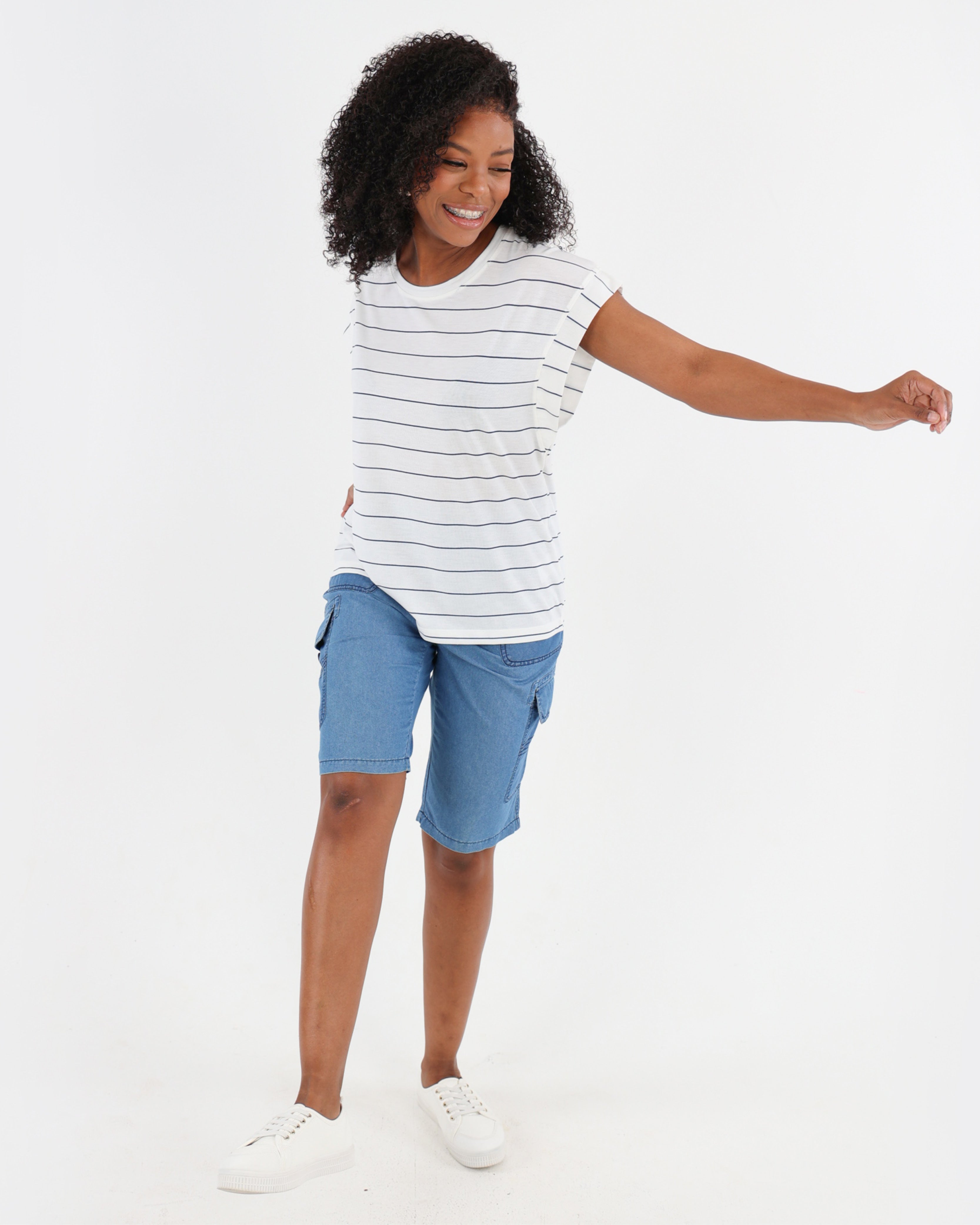 Blue Cap Sleeve Striped T-Shirt