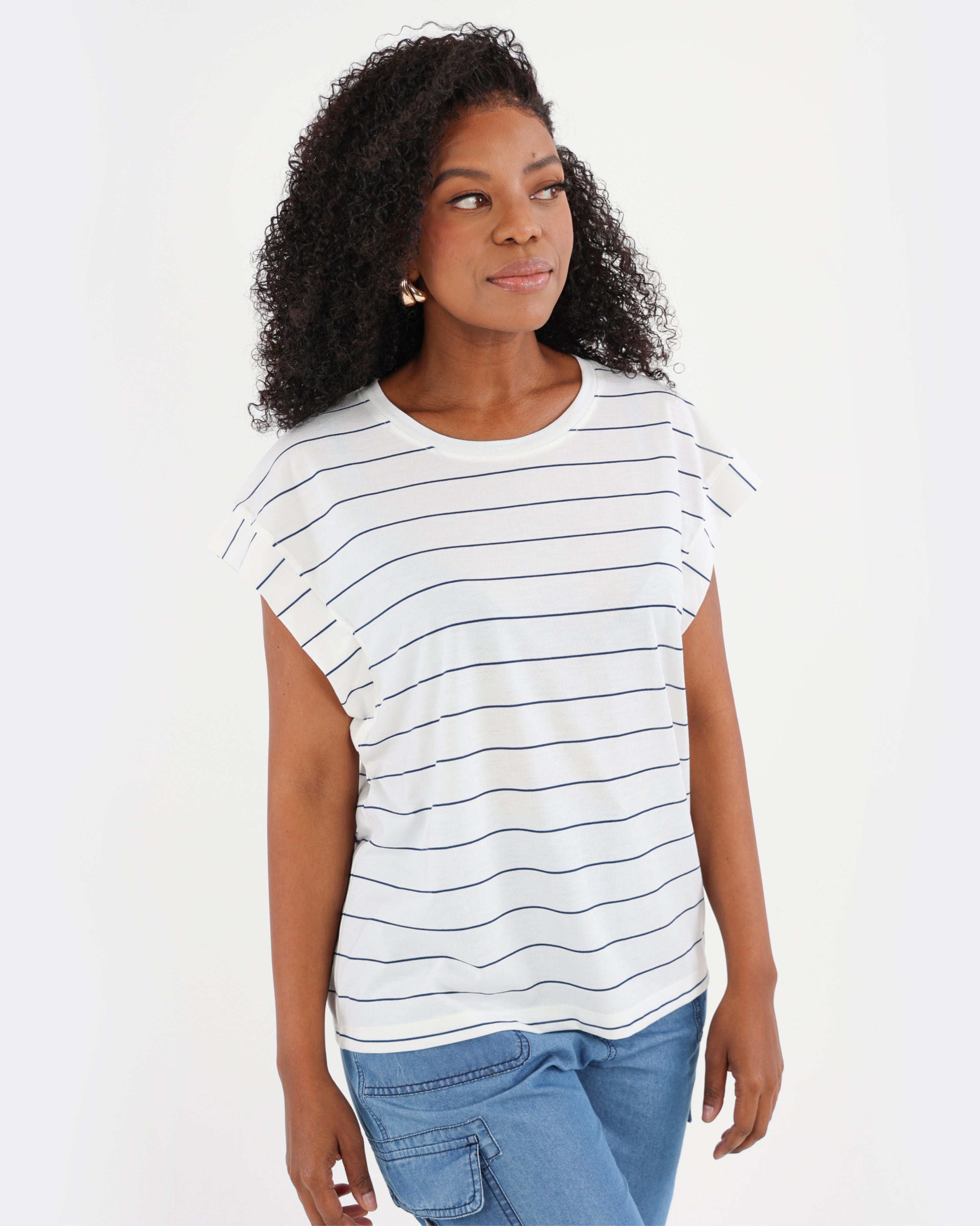 Blue Cap Sleeve Striped T-Shirt