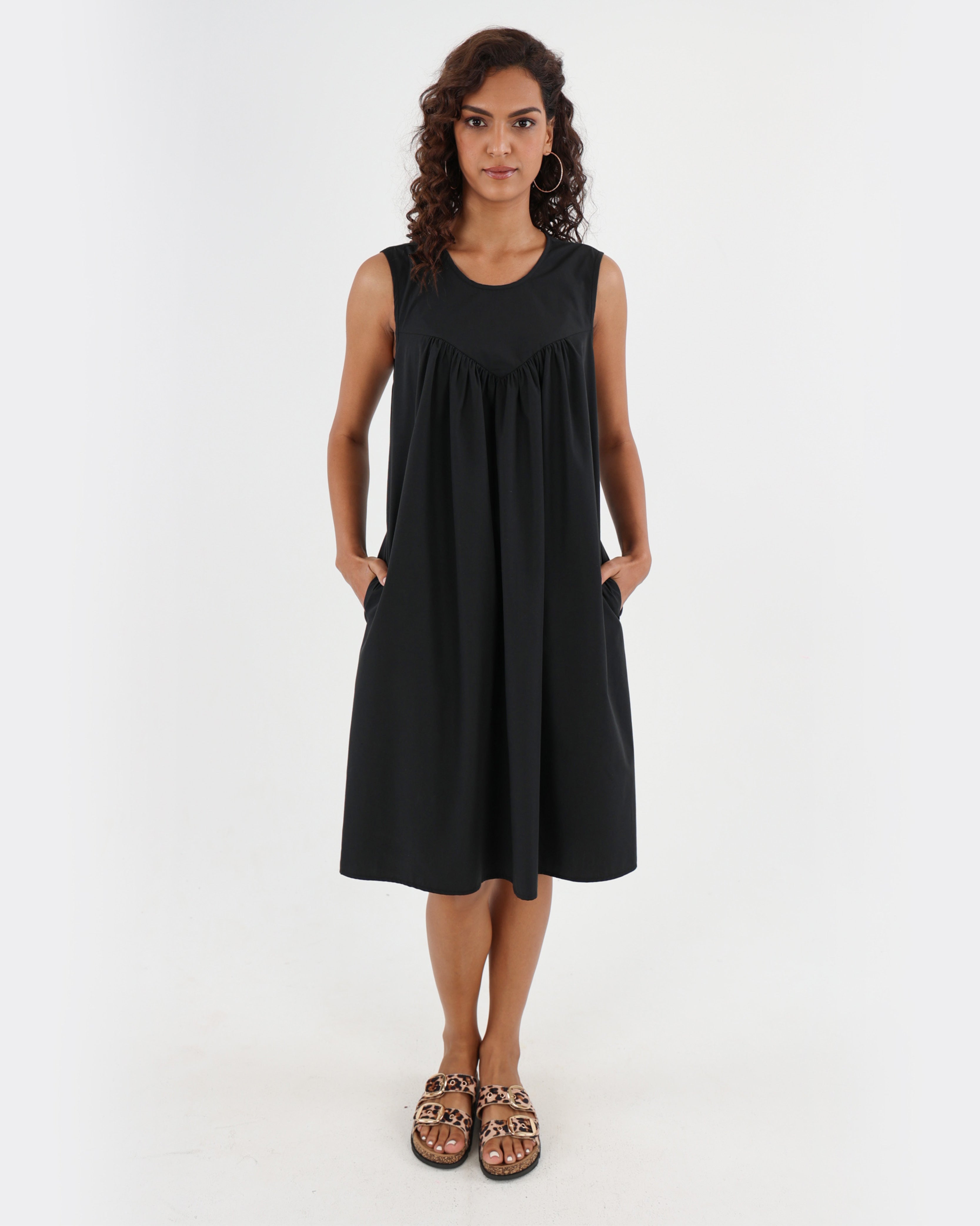 Black Sleeveless V-Shaped Yoke Panel Flair Dress
