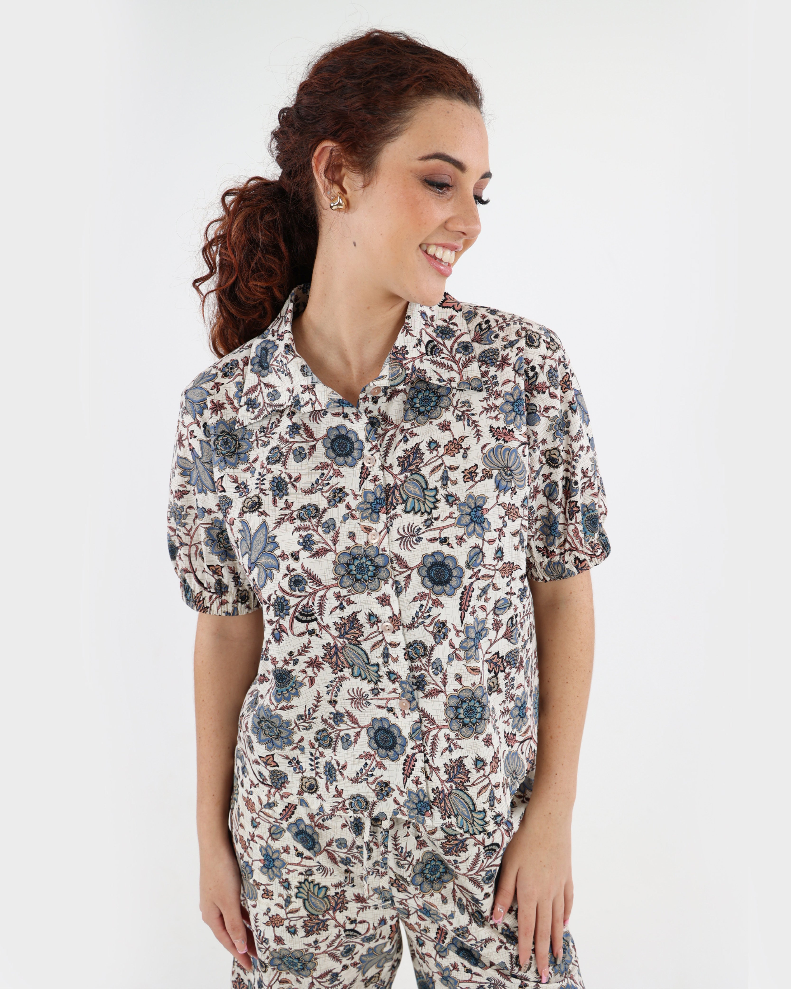 Paisley Print Button Up Short Sleeve Blouse