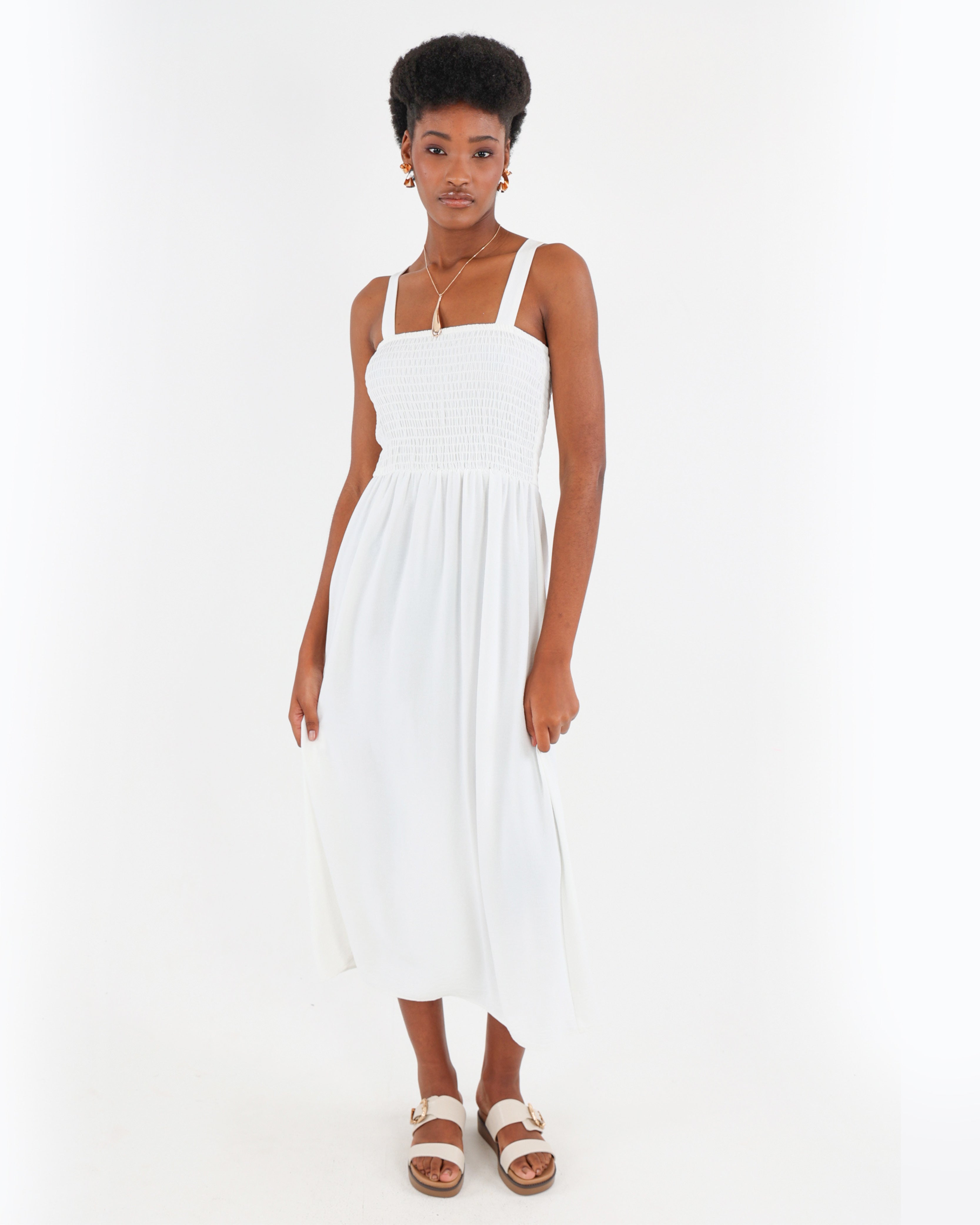 White Strappy Smocked Maxi Dress