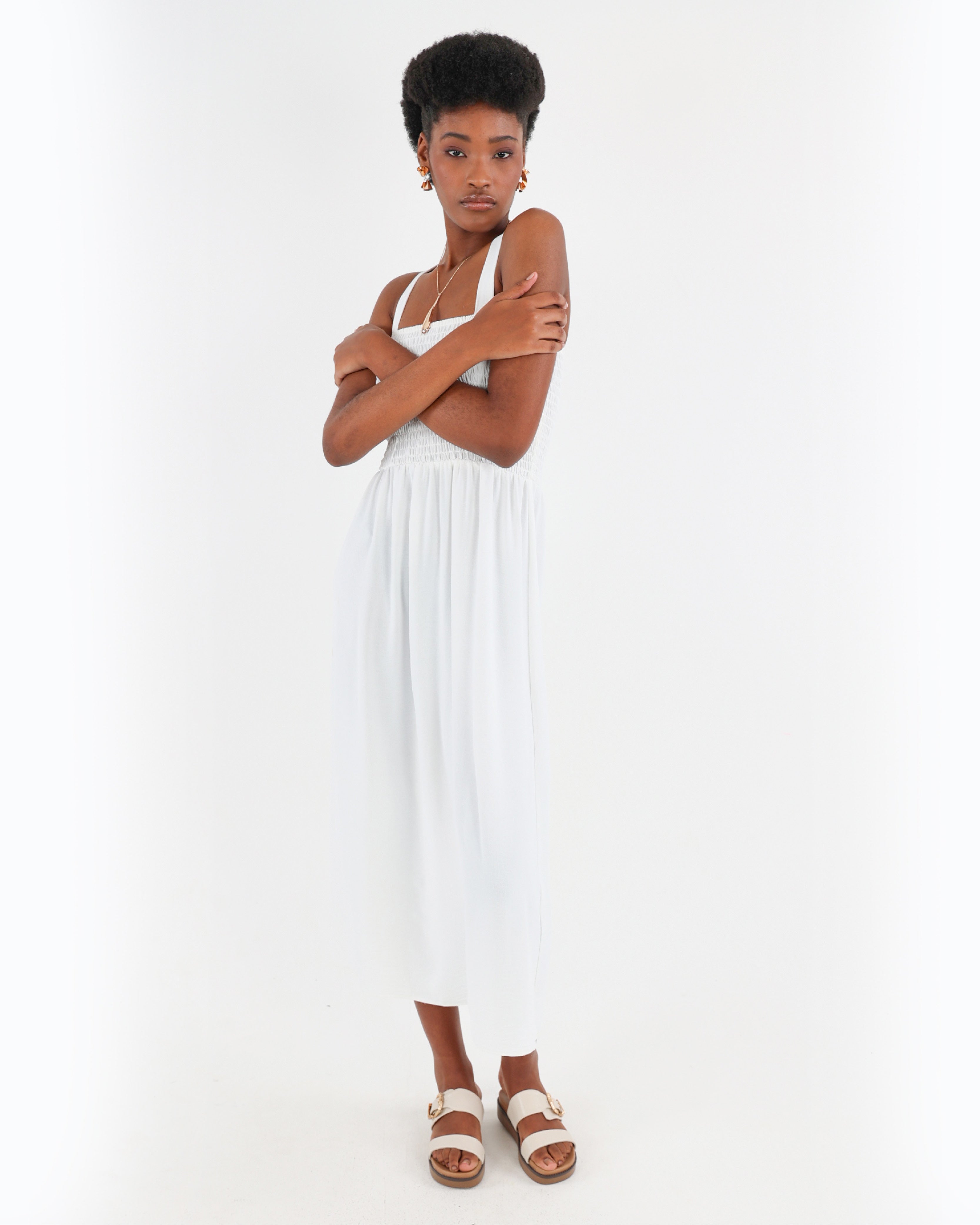 White Strappy Smocked Maxi Dress