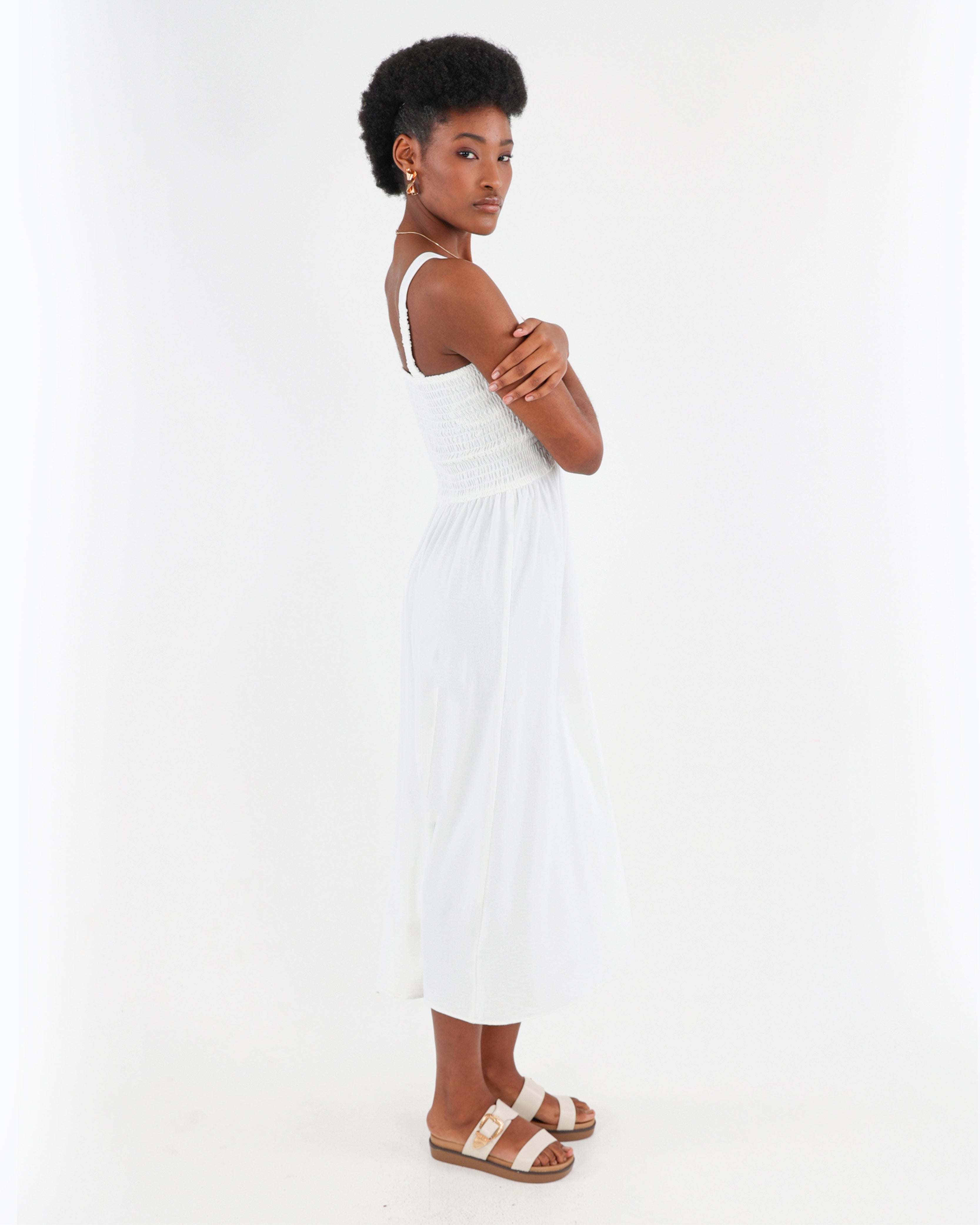 White Strappy Smocked Maxi Dress