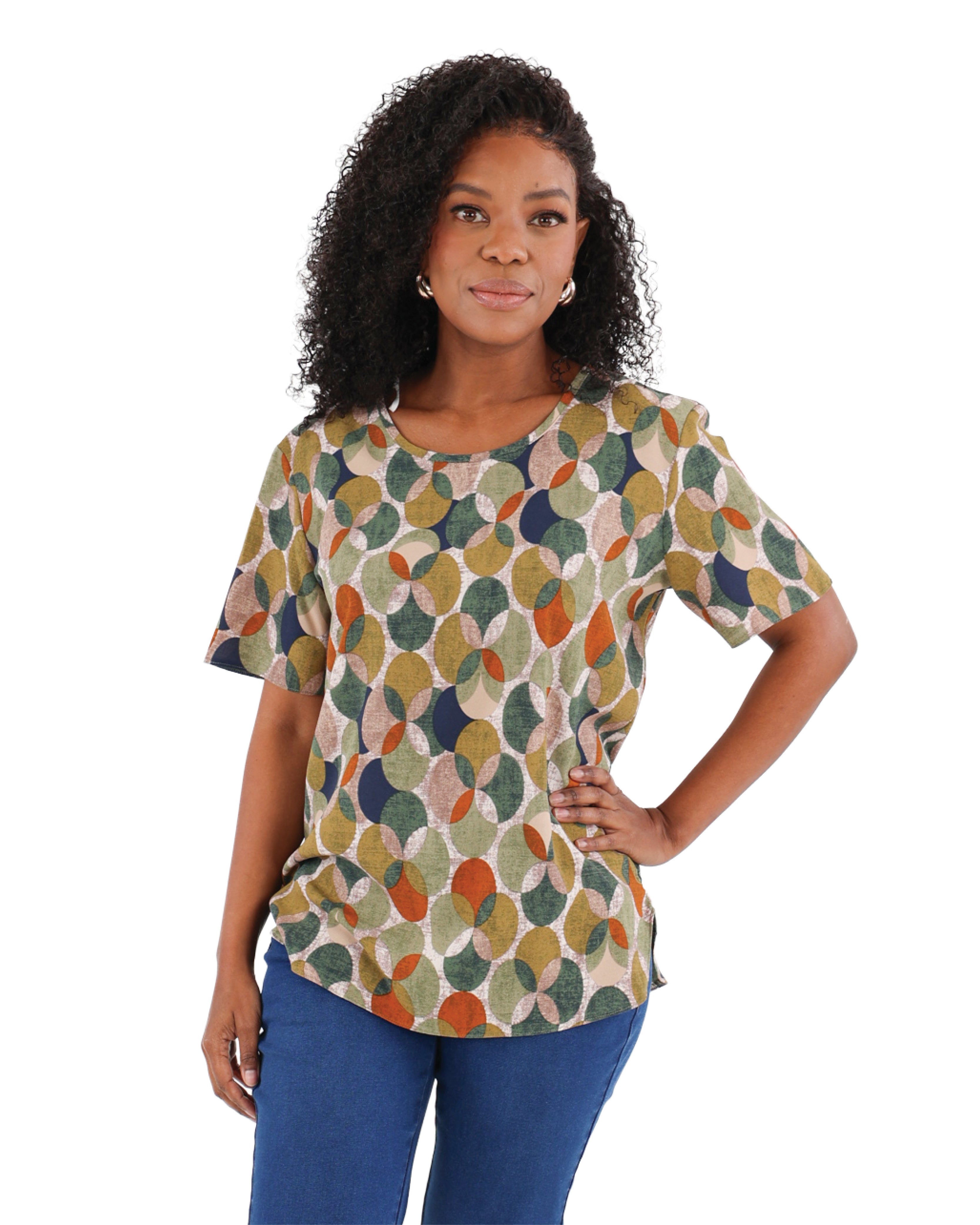 Round Neck Short Sleeve Printed Blouse