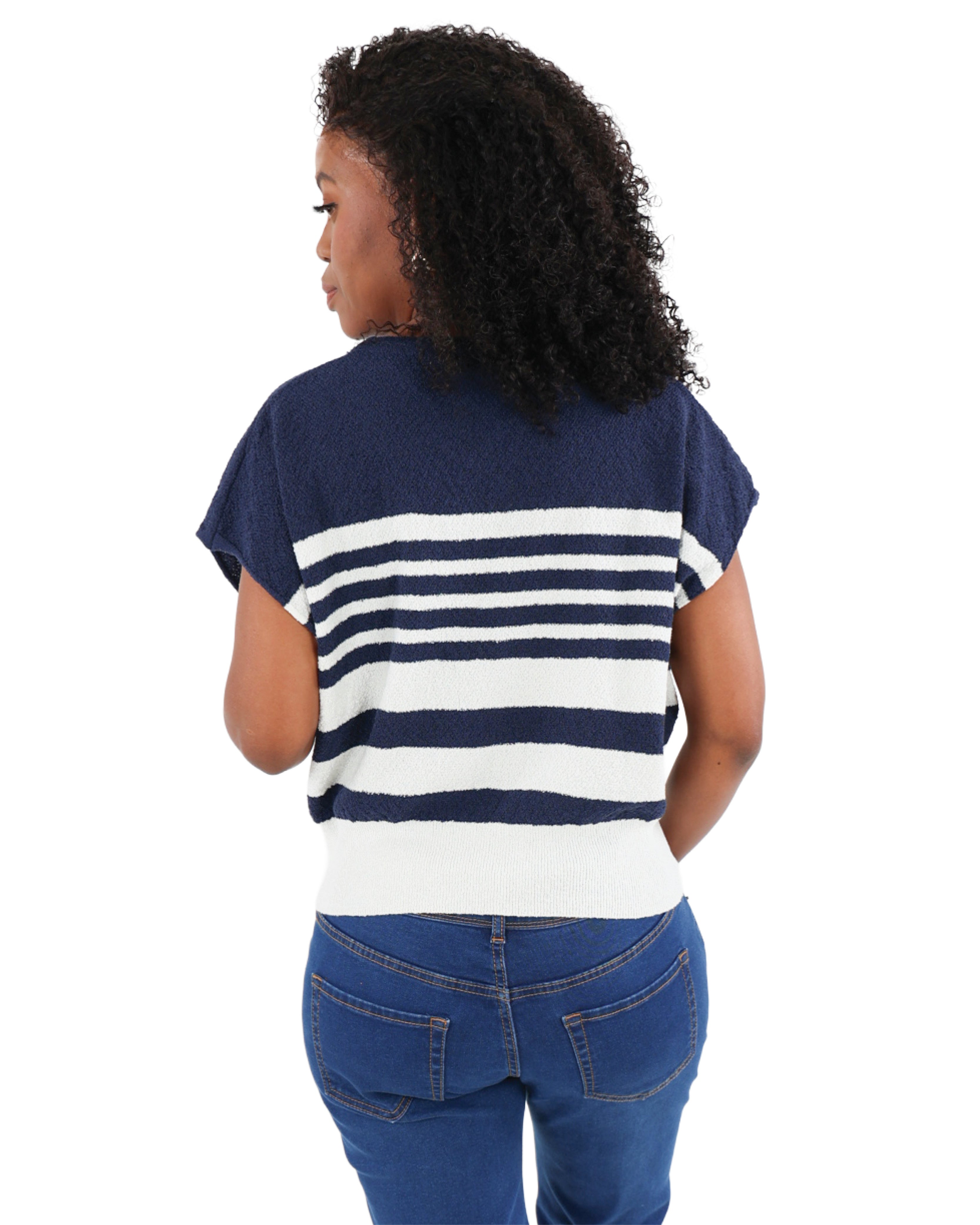 Short Sleeve Navy Striped Knit Top