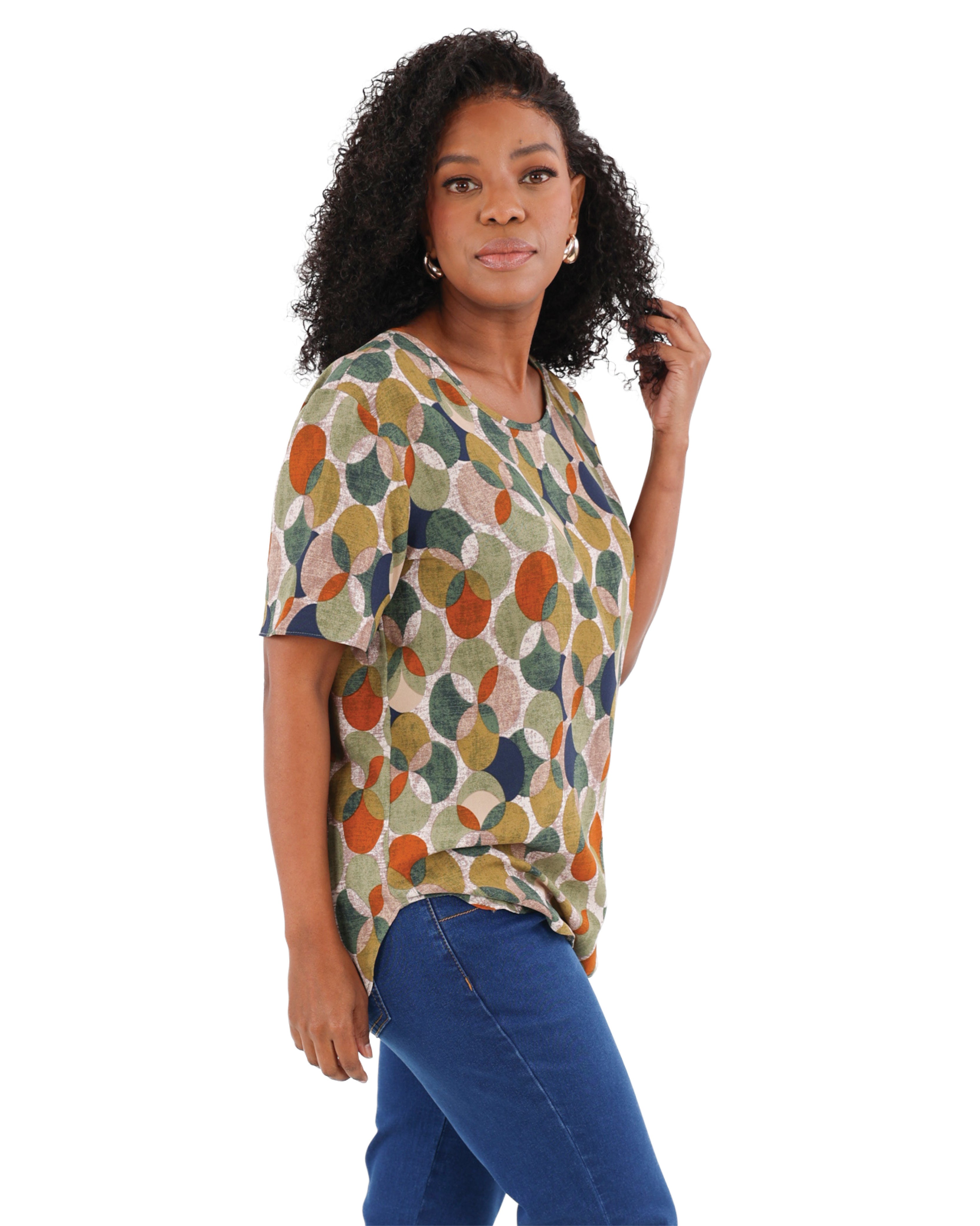 Round Neck Short Sleeve Printed Blouse