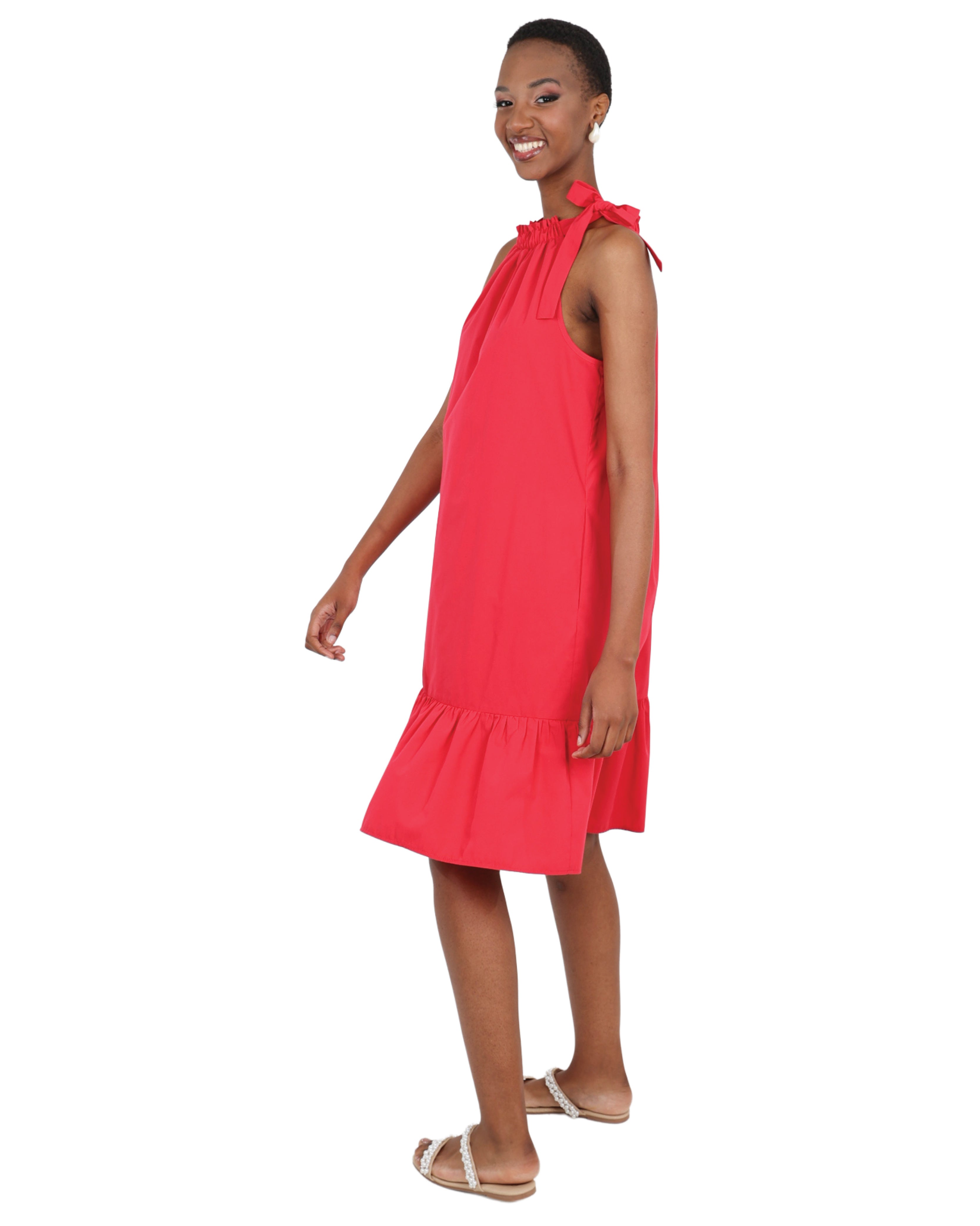 Berry Sleeveless Frilled Halterneck Dress