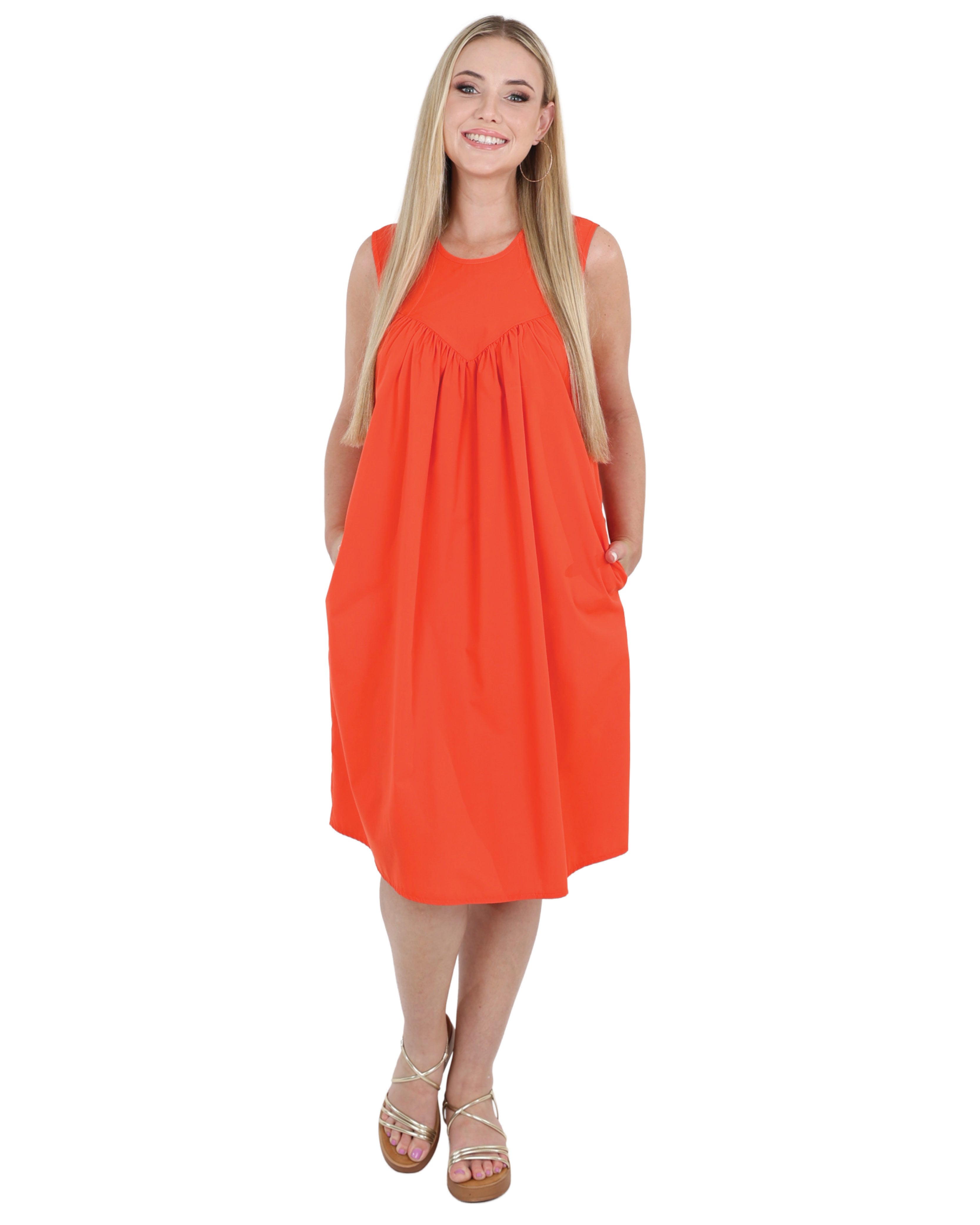 Orange Sleeveless V-Shaped Yoke Panel Flair Dress