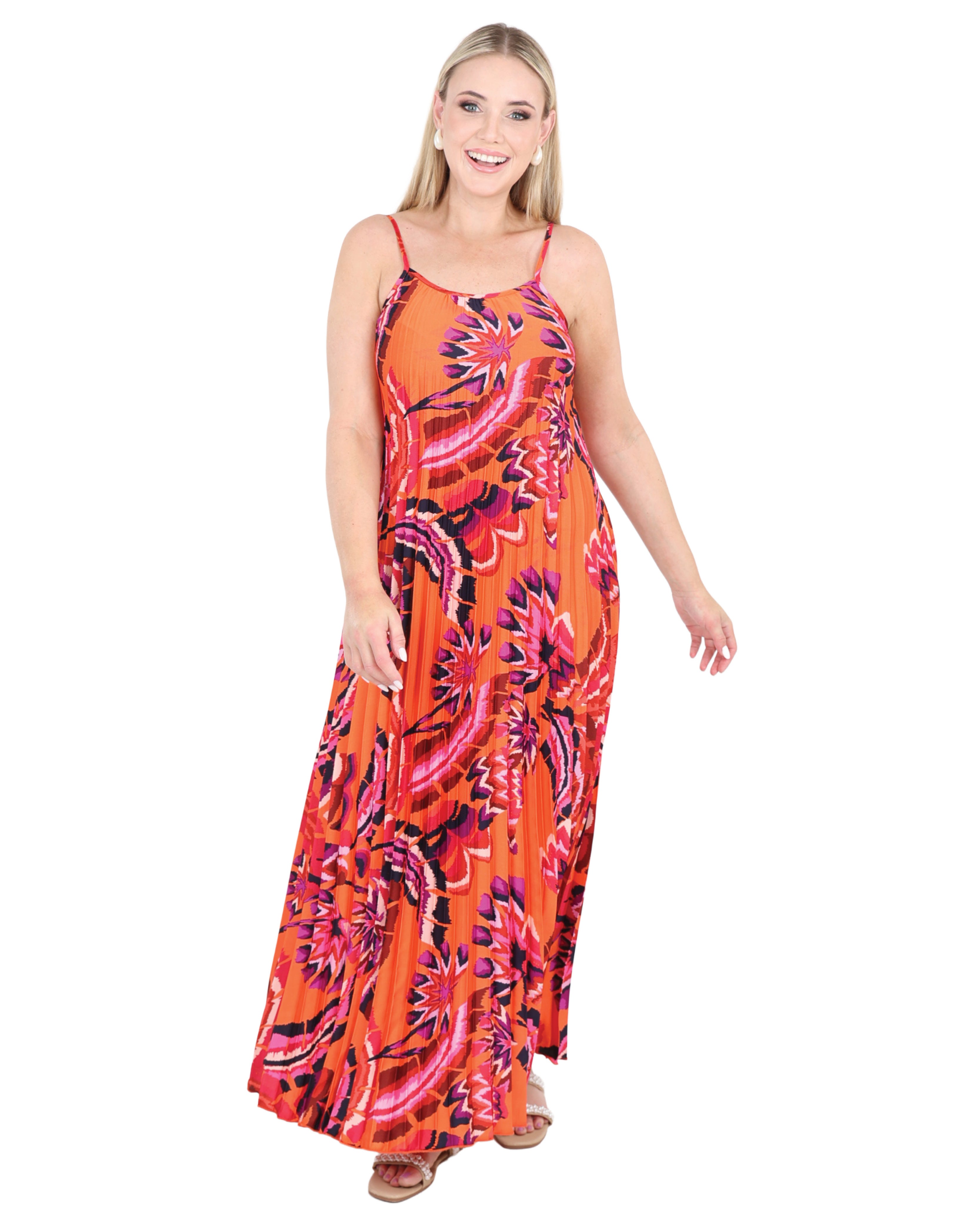 Sunset Orange Strappy Pleated Maxi Dress