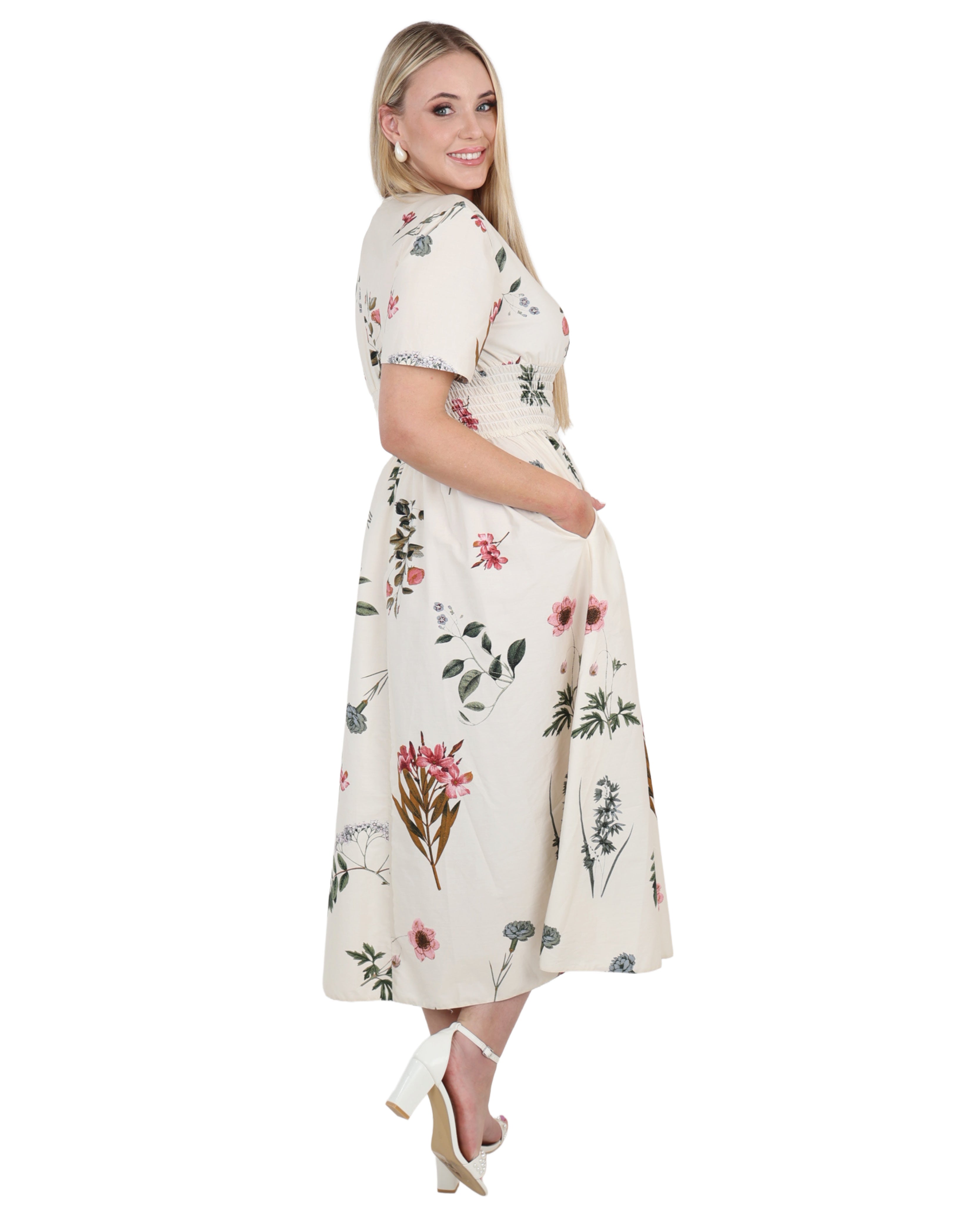 Short Sleeve Floral Print Smocked Waist Maxi Dress