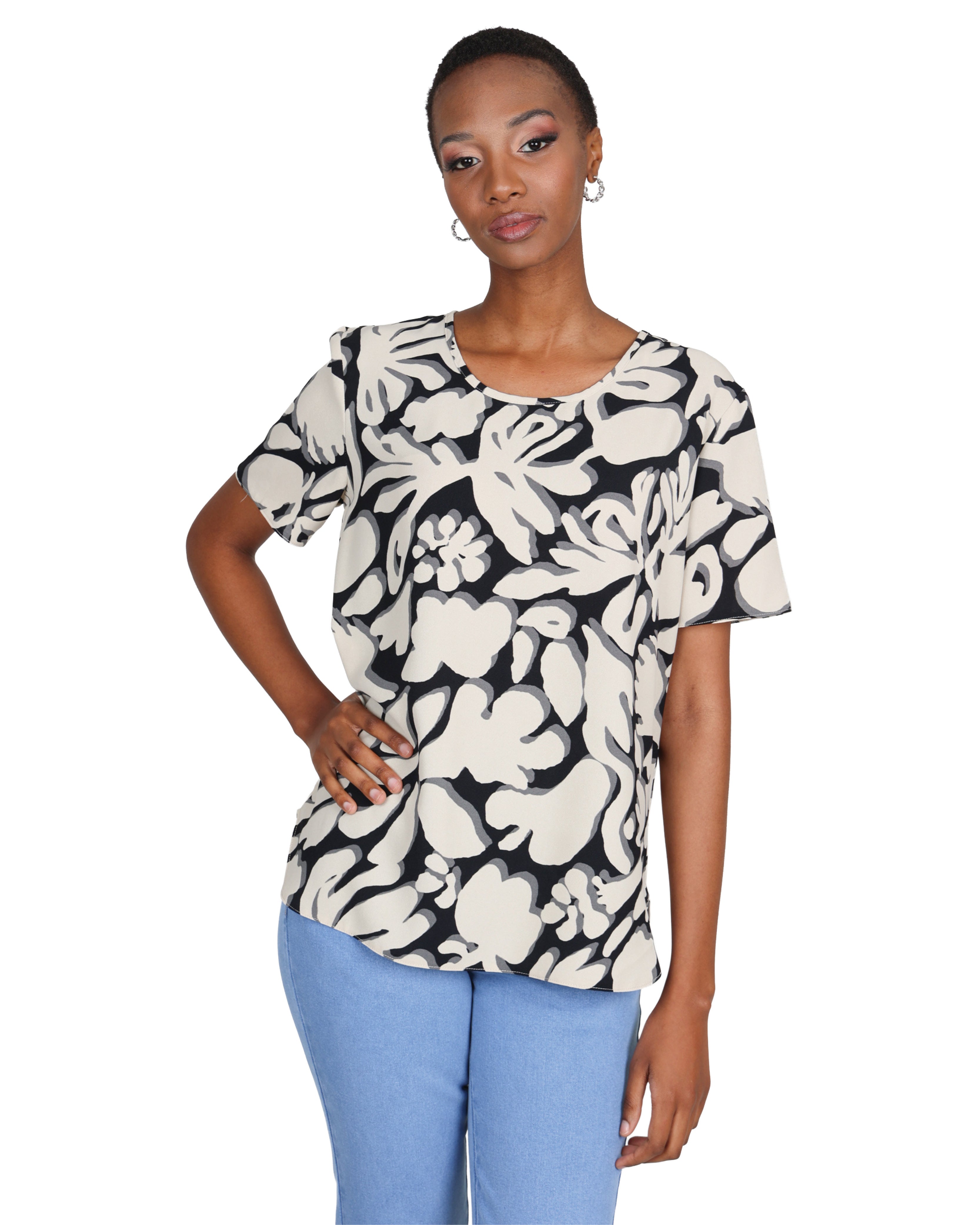 Abstract Leaf Print Short Sleeve Blouse