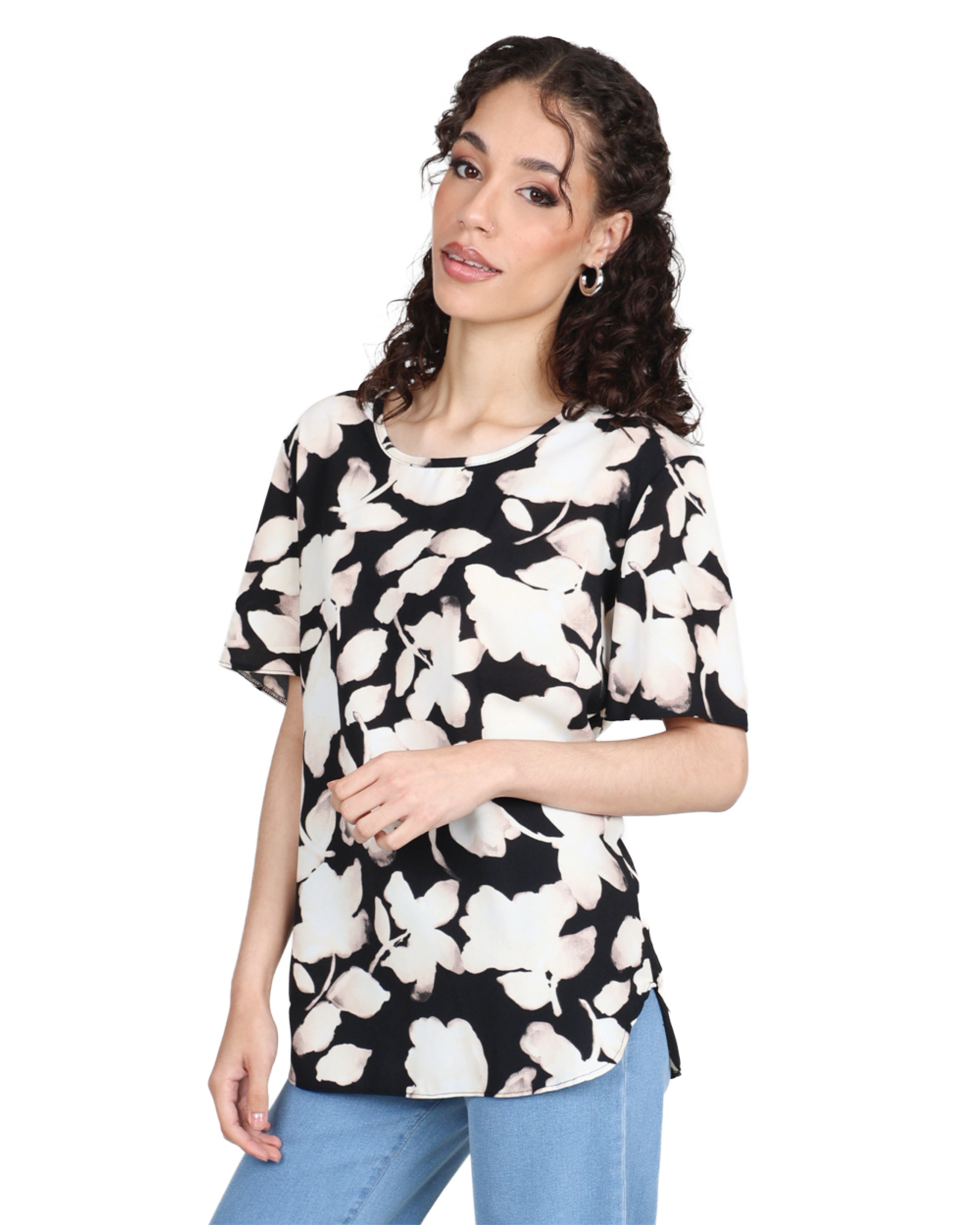 Cream Abstract Print Short Sleeve Blouse