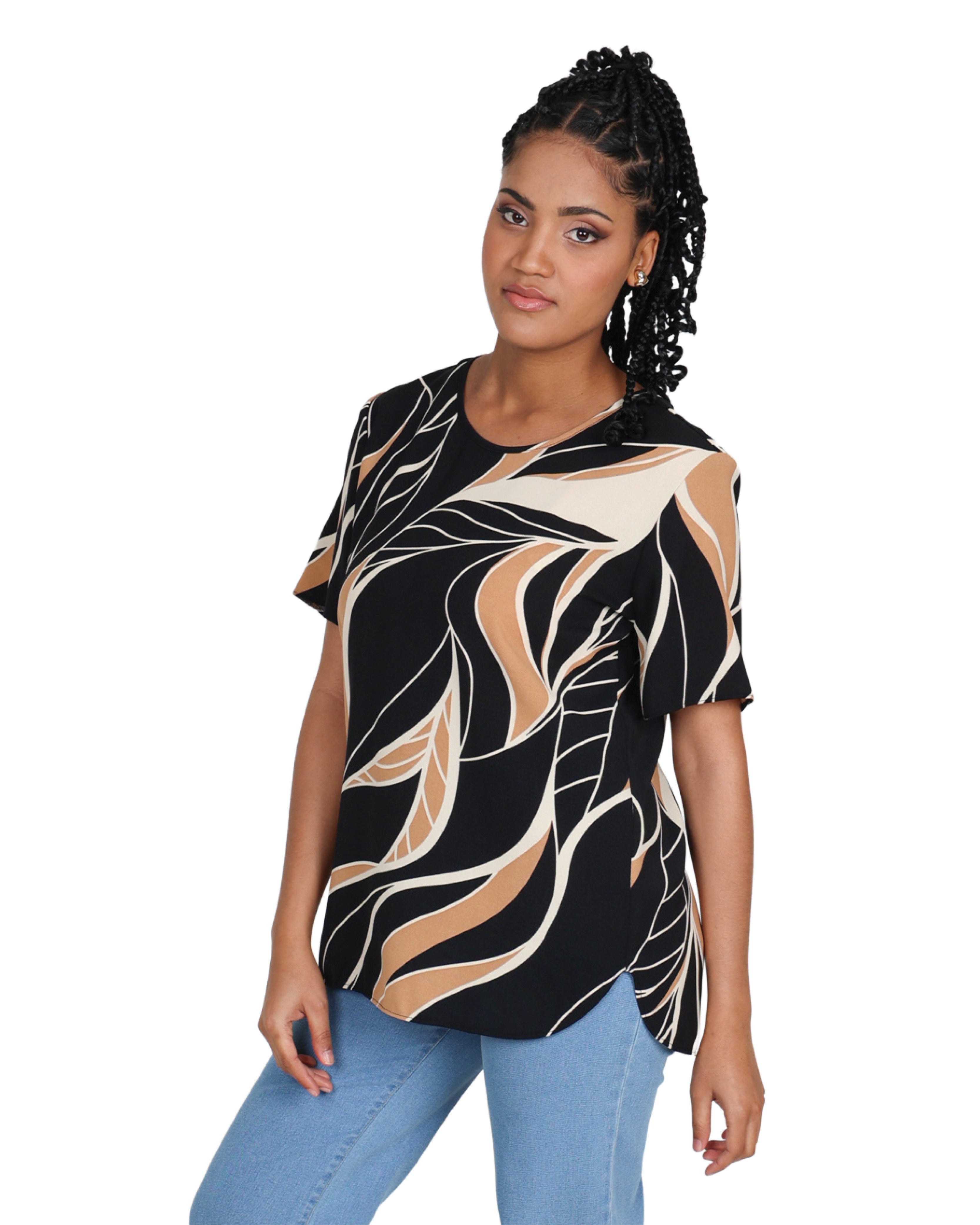Abstract Mocha Print Short Sleeve Blouse