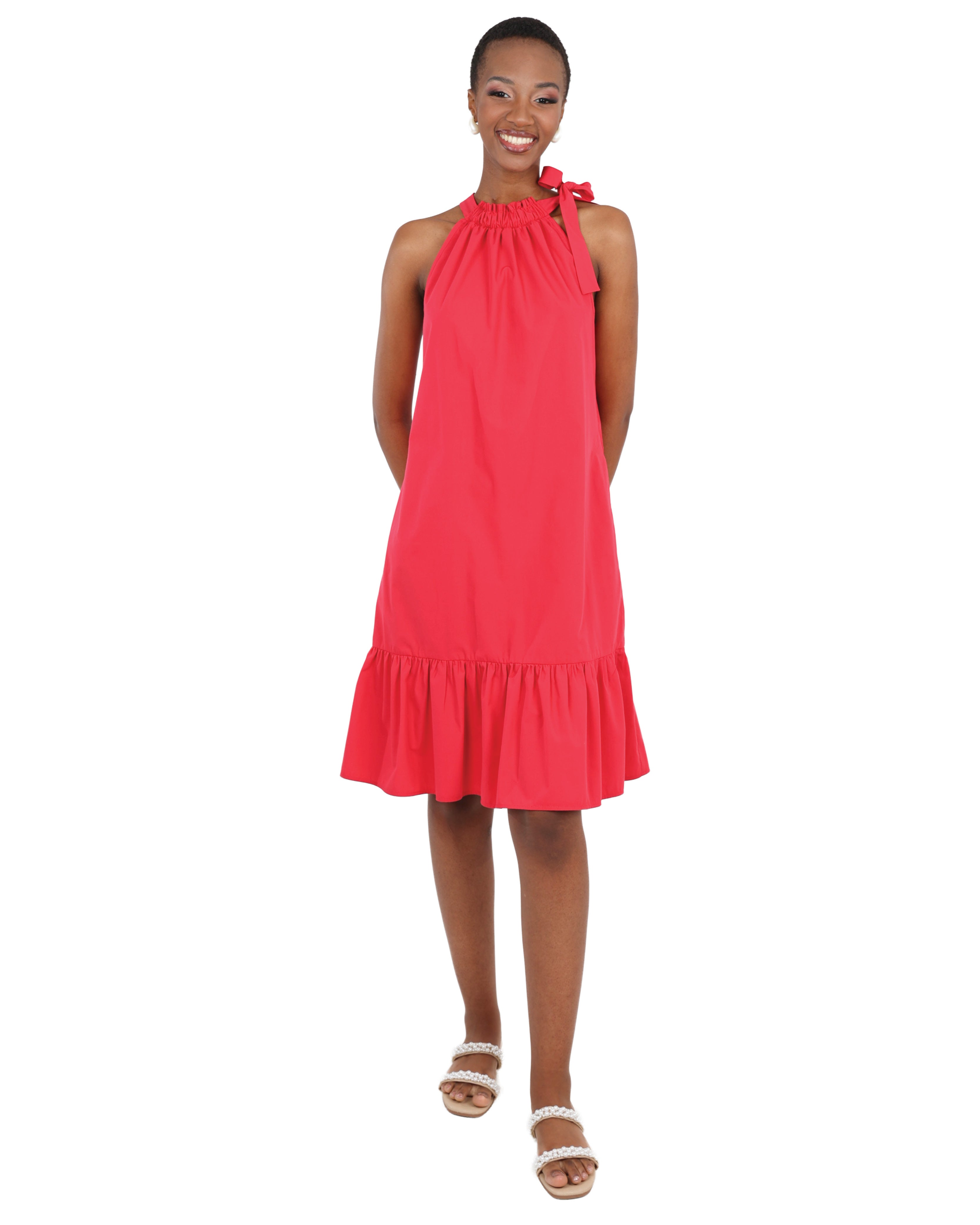 Berry Sleeveless Frilled Halterneck Dress
