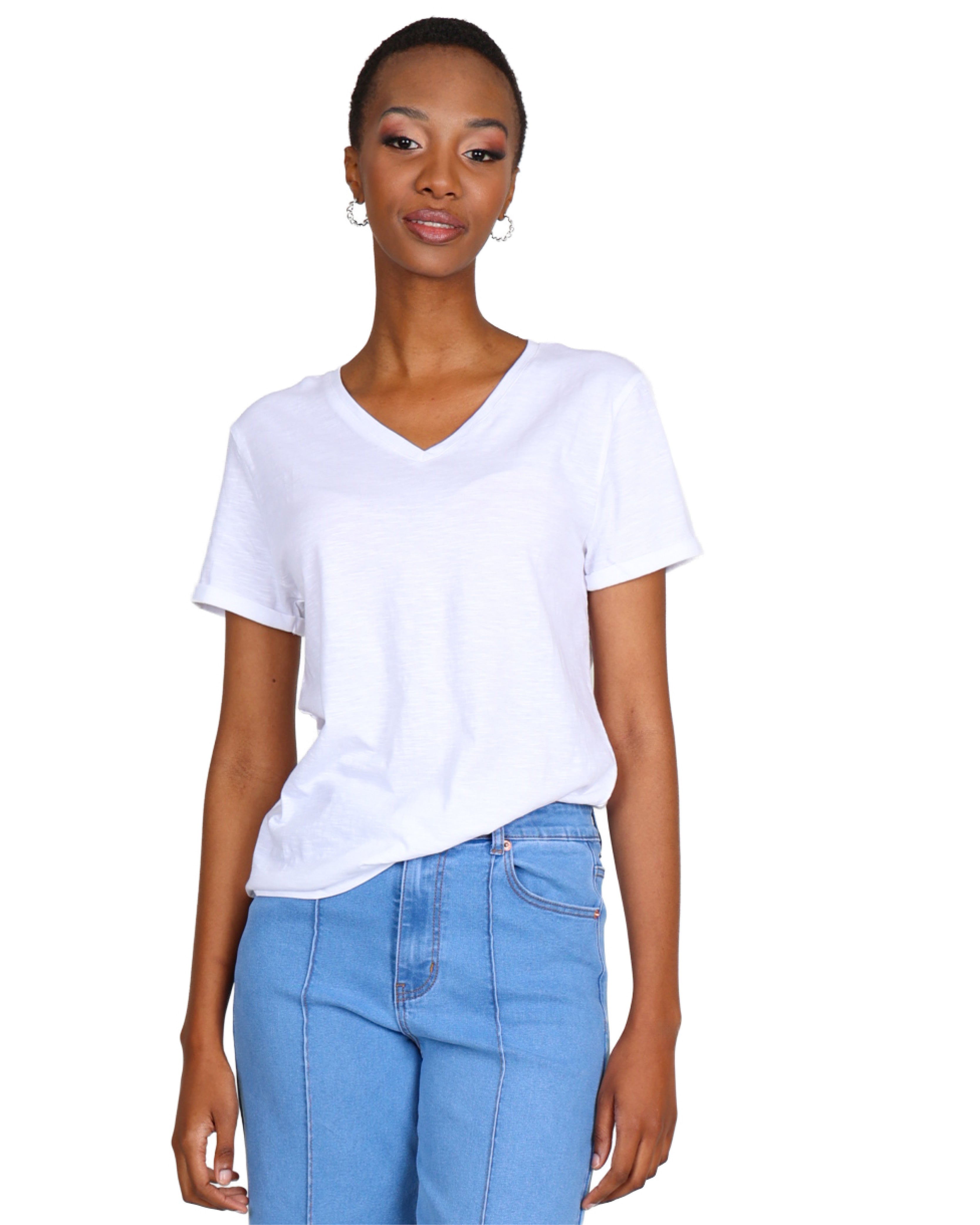 White Turn Up Cuff Short Sleeve T-Shirt