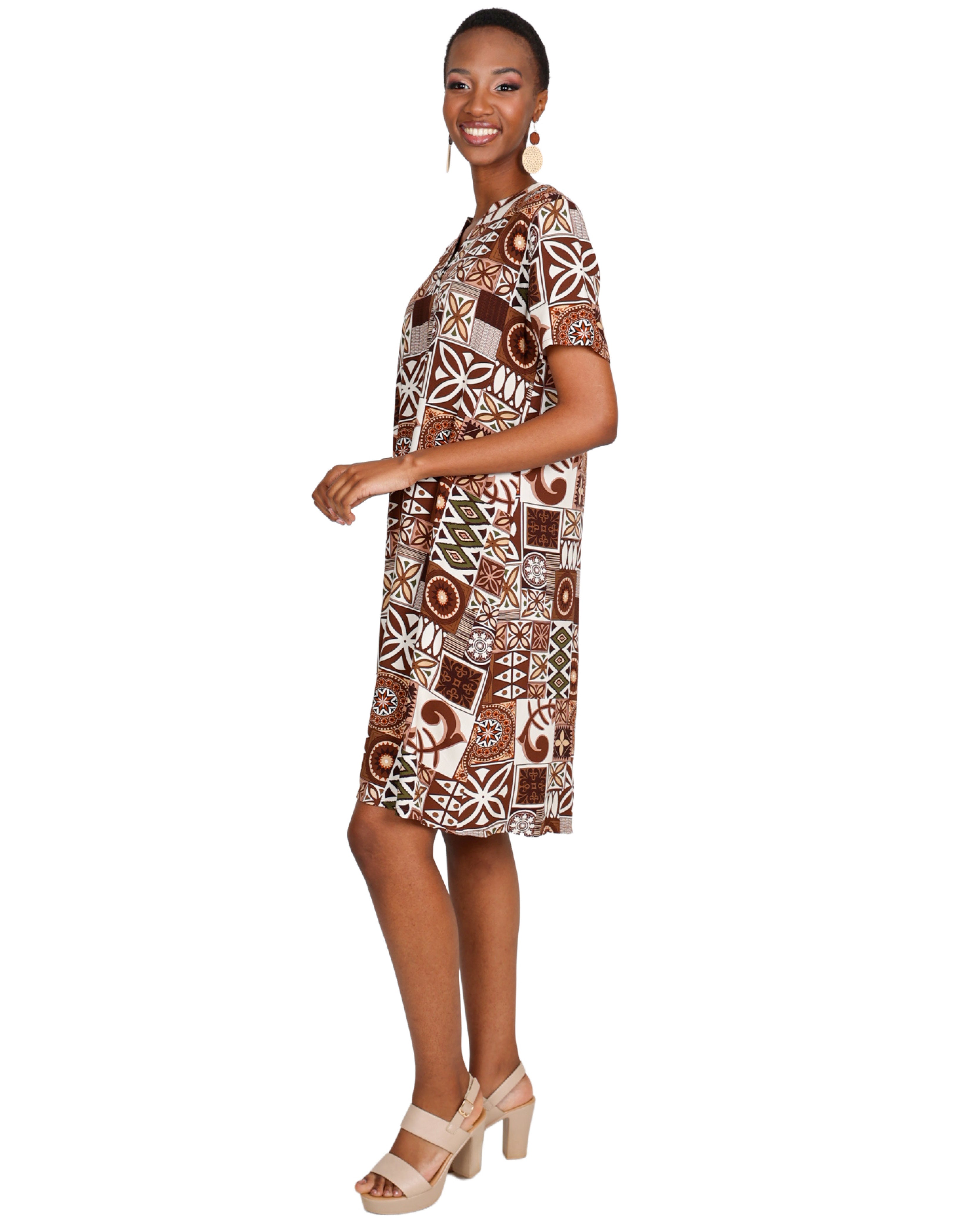 Short Sleeve Tile Print Shift Dress