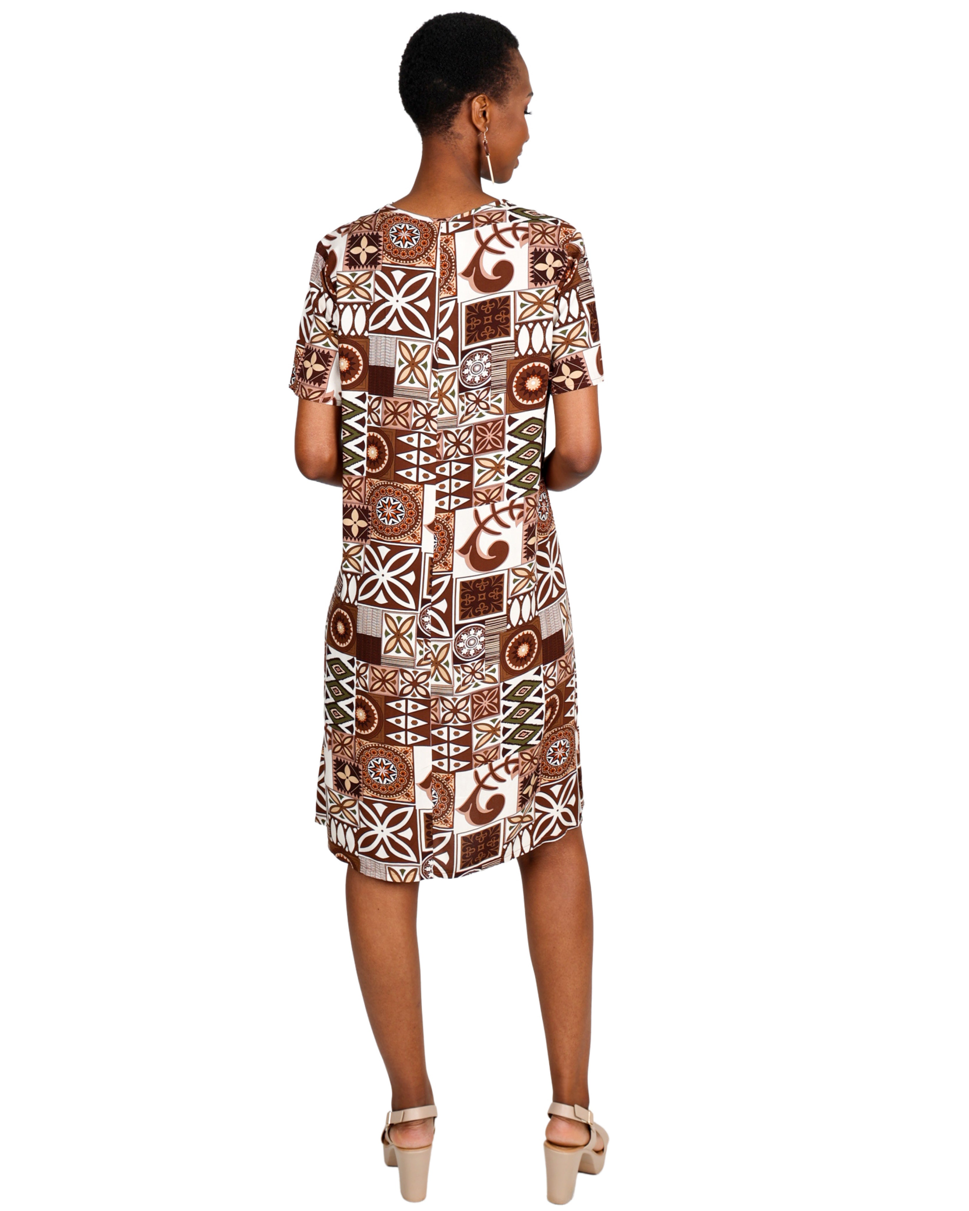 Short Sleeve Tile Print Shift Dress