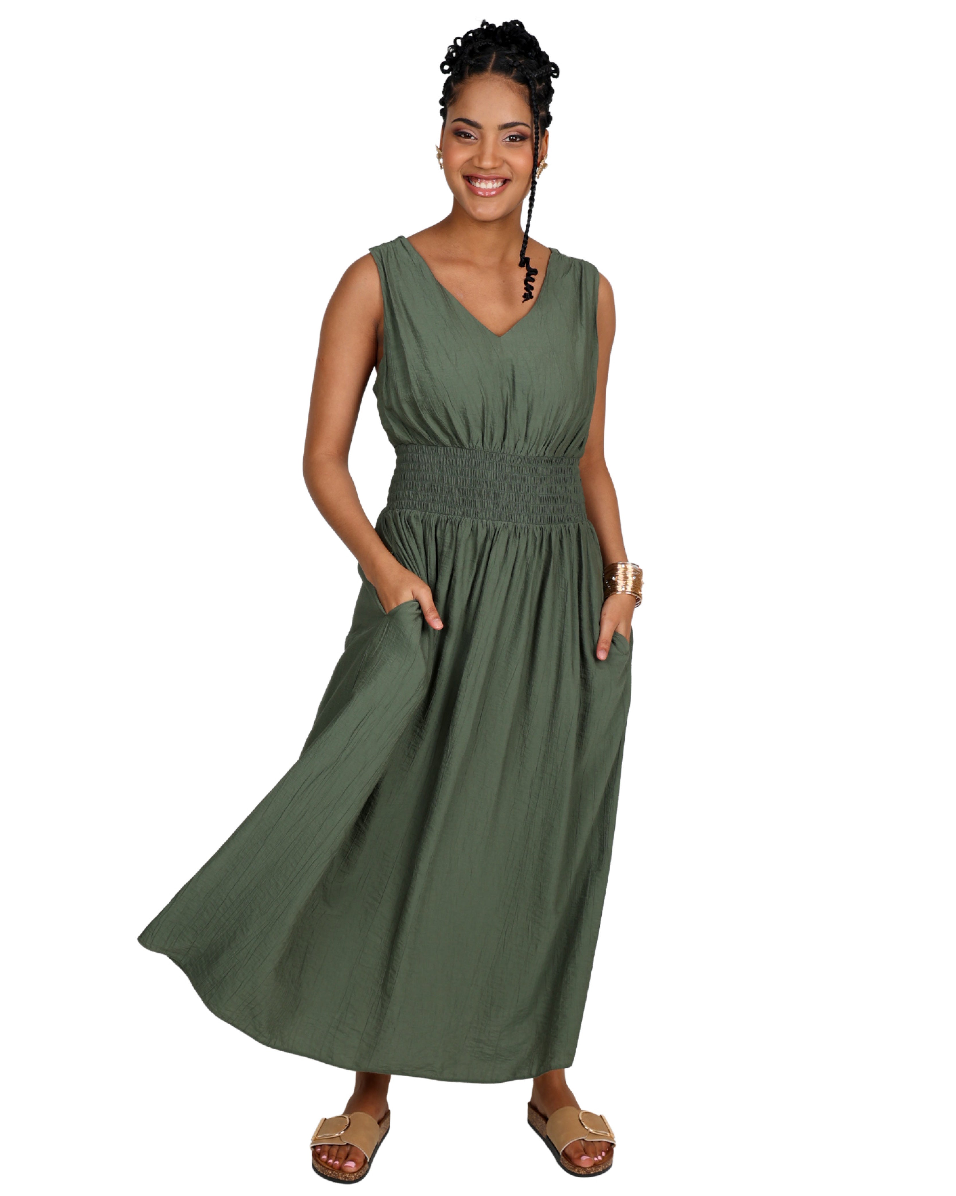 Sleeveless V-Neck Smocked Maxi Dress