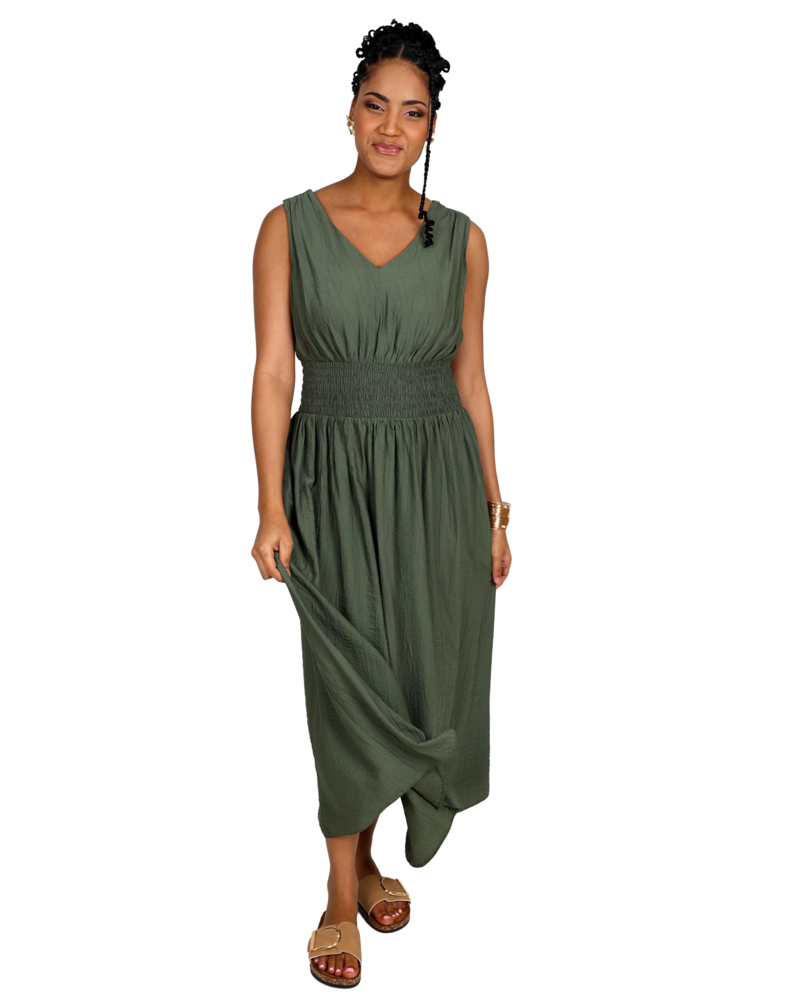 Sleeveless V-Neck Smocked Maxi Dress