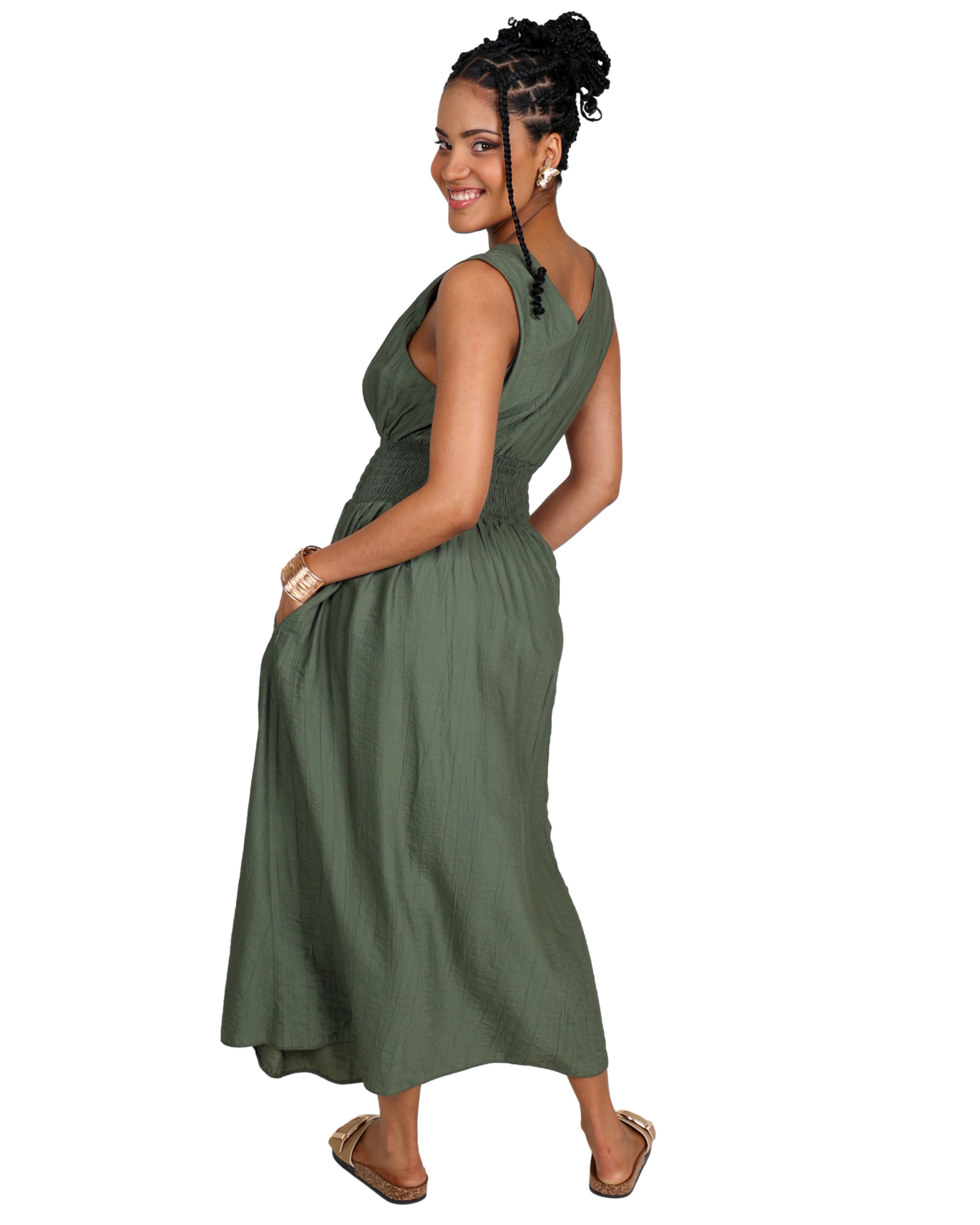 Sleeveless V-Neck Smocked Maxi Dress