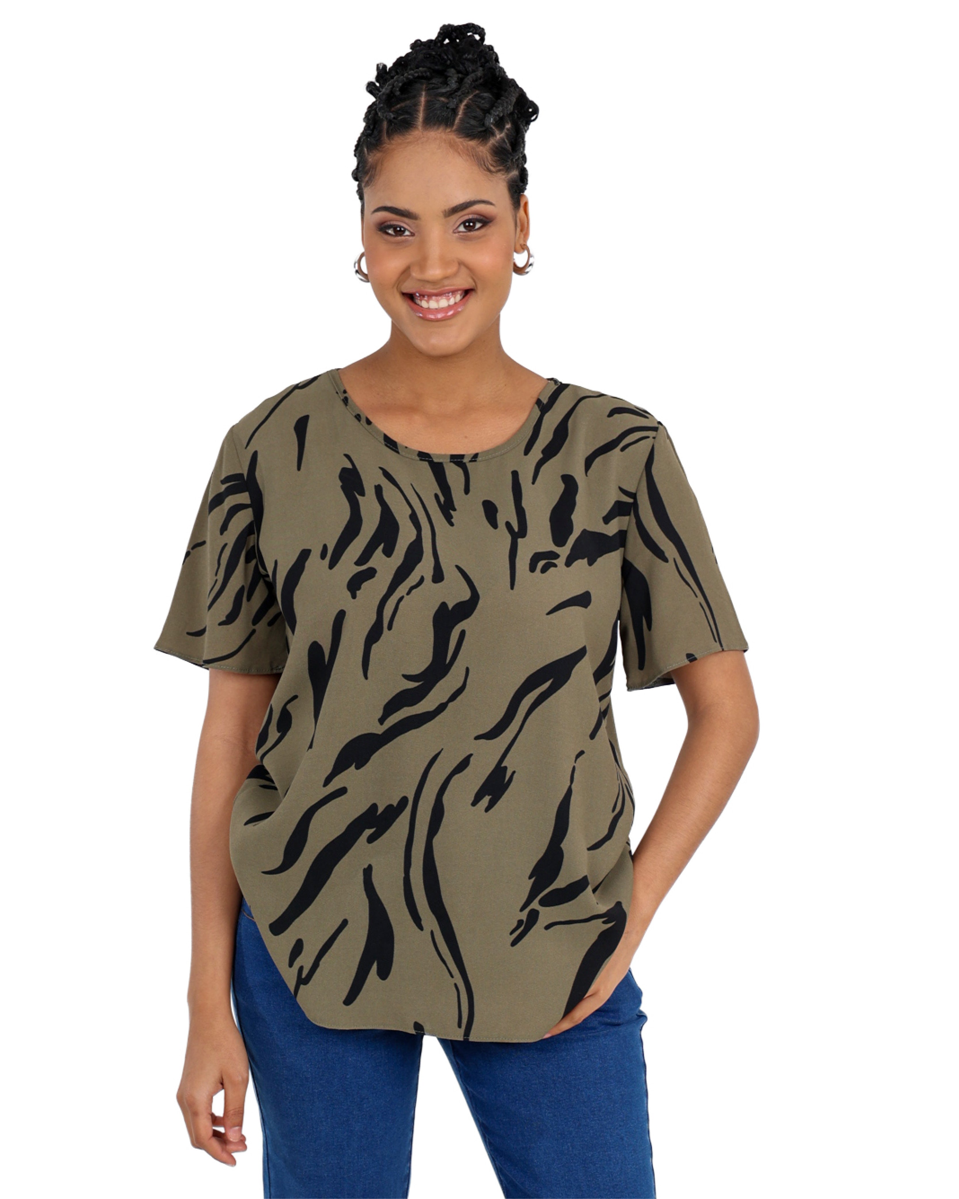 Olive Short Sleeve Round Neck Blouse