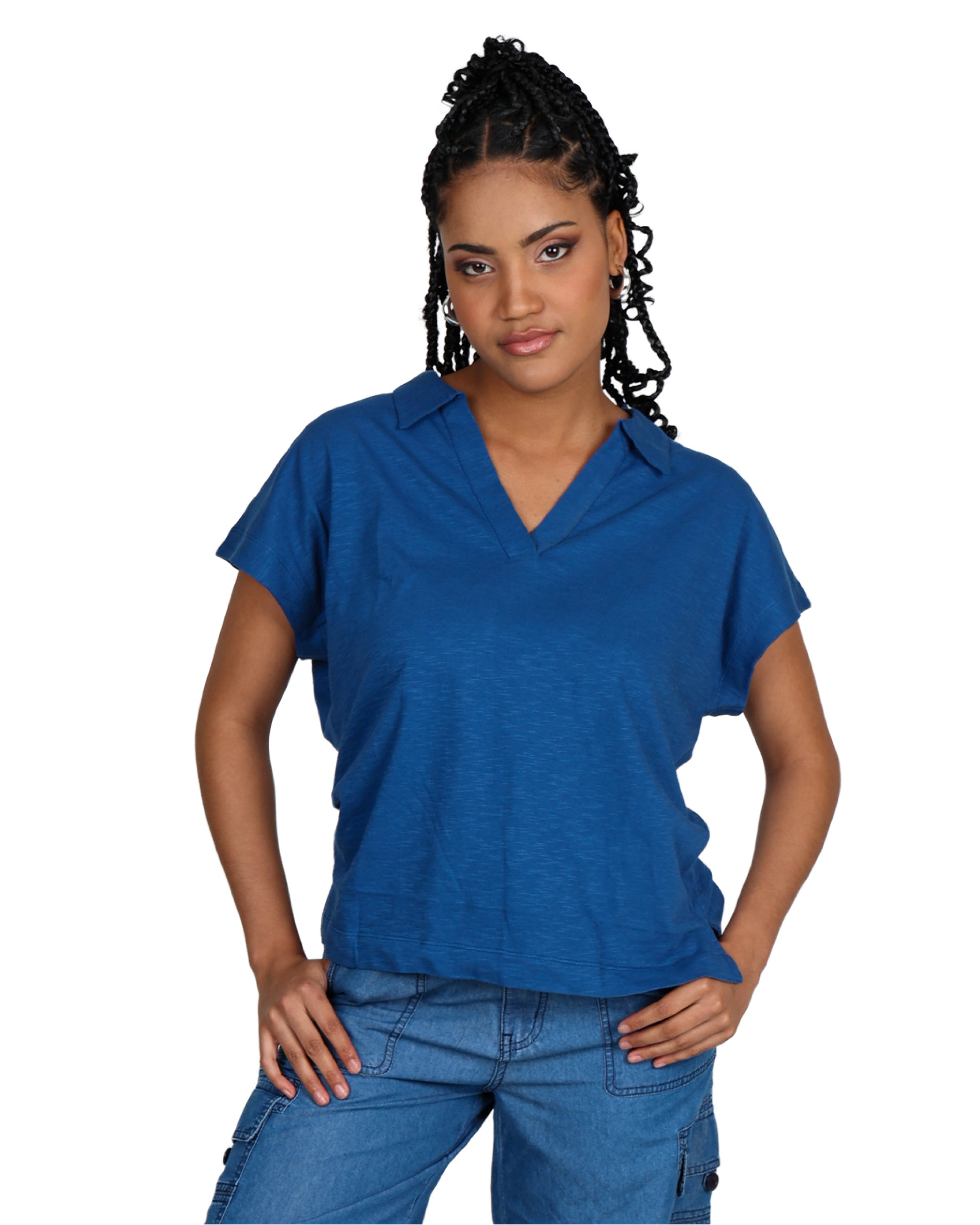 Blue Short Sleeve Johnny Collar Top