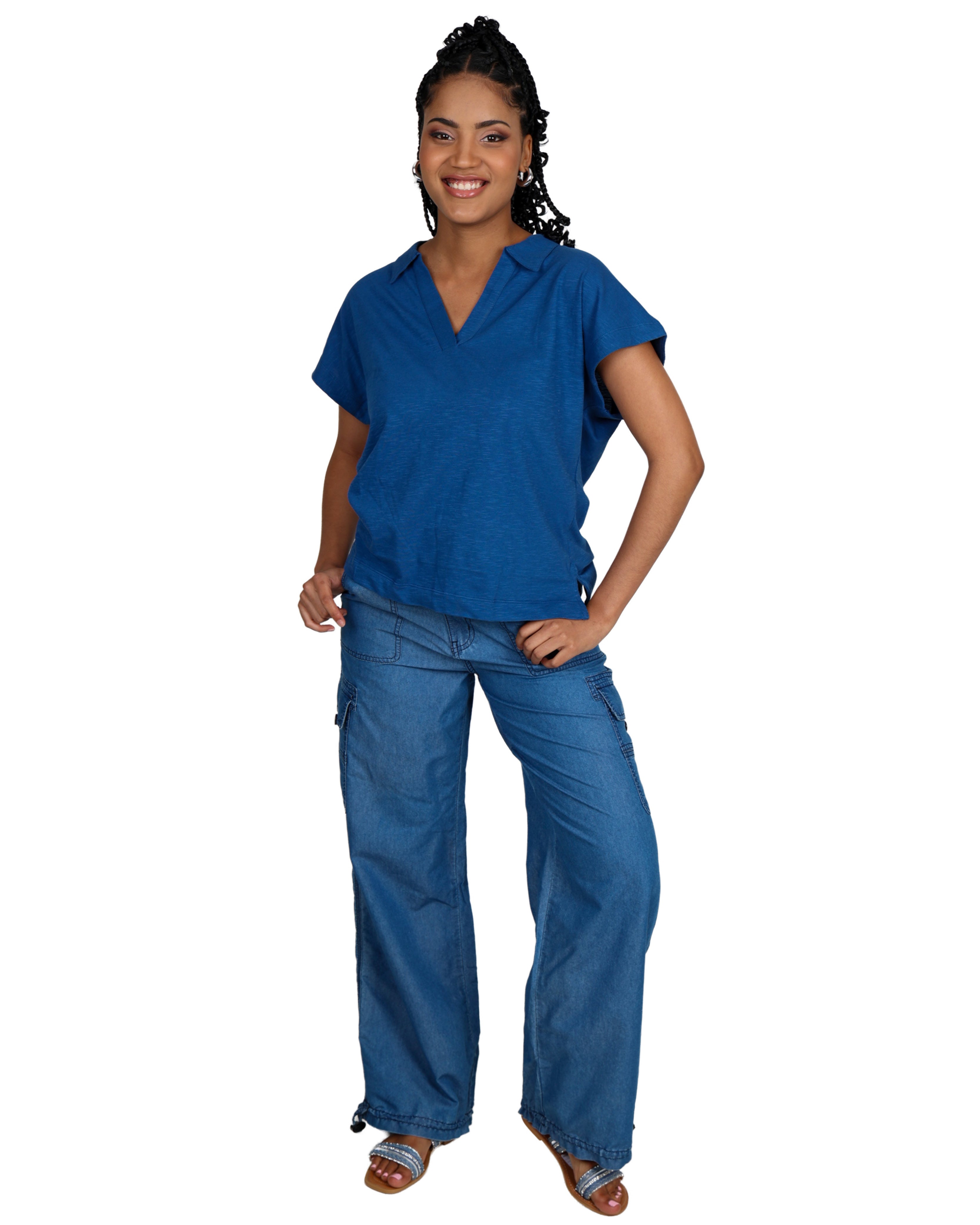 Blue Short Sleeve Johnny Collar Top