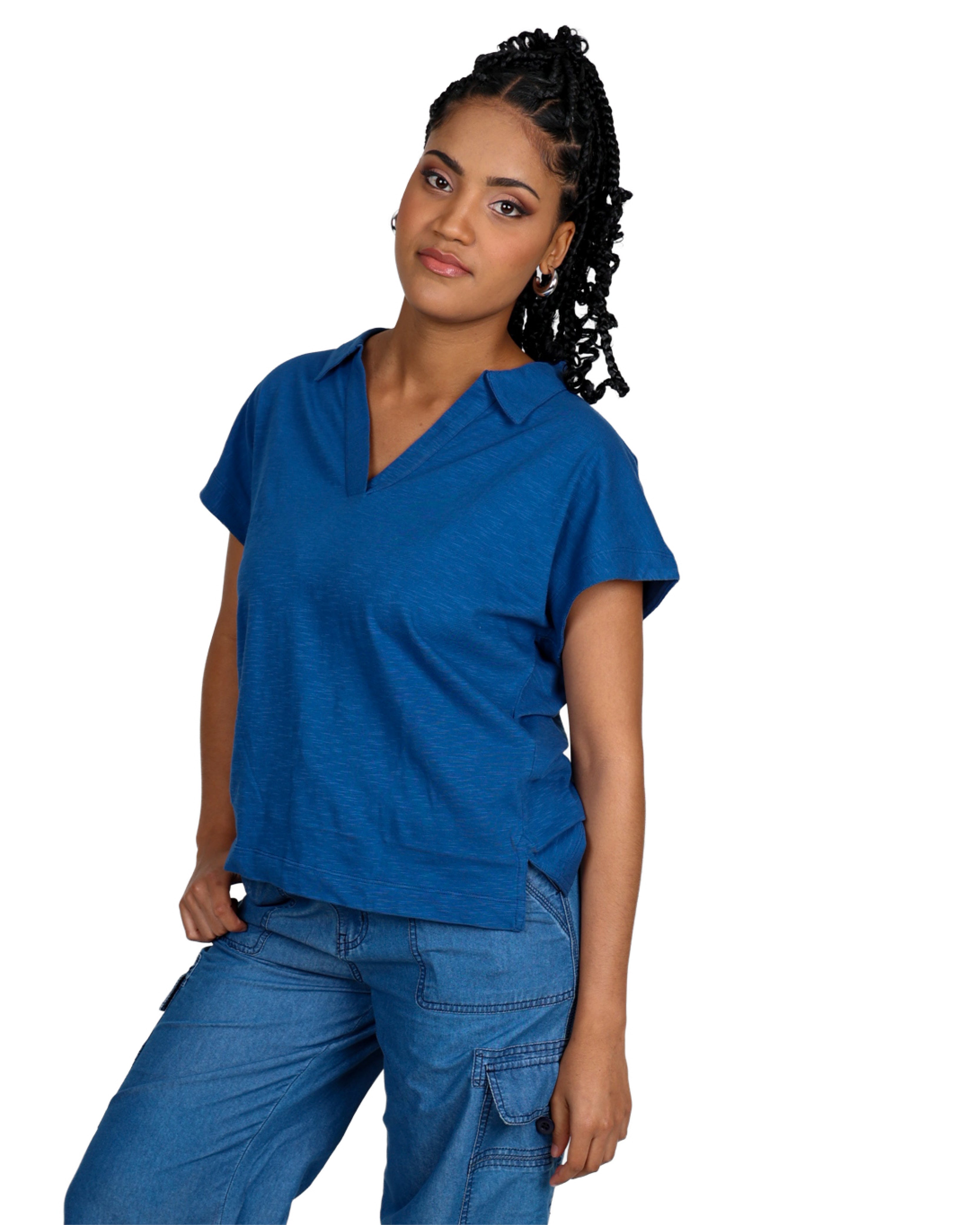 Blue Short Sleeve Johnny Collar Top
