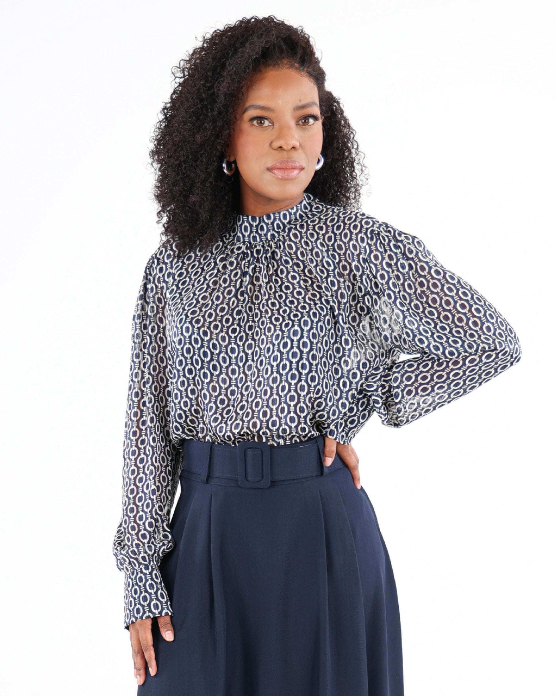 Semi-Sheer Long Sleeve Lurex Blouse