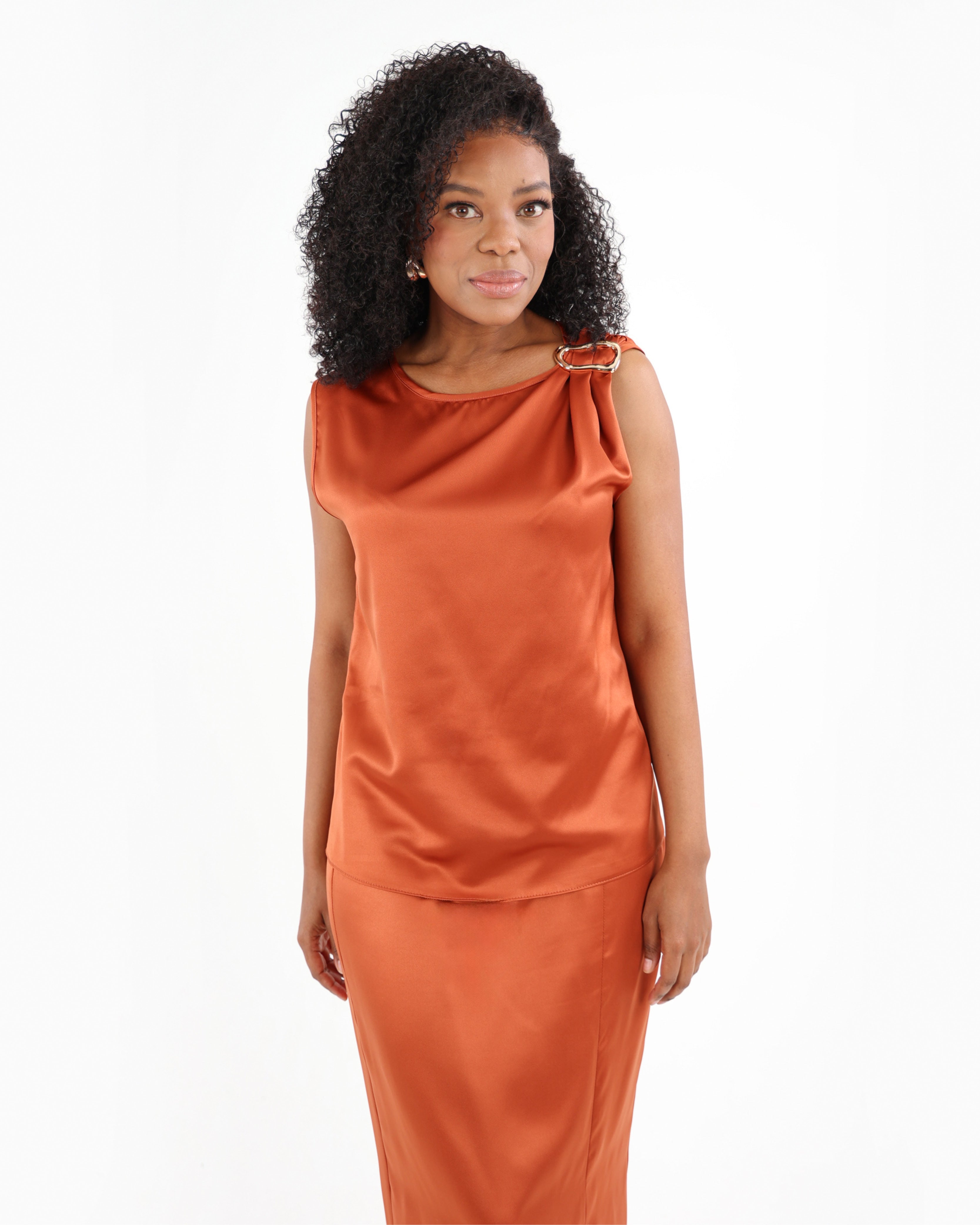 Rust Sleeveless Trim Detail Satin Blouse