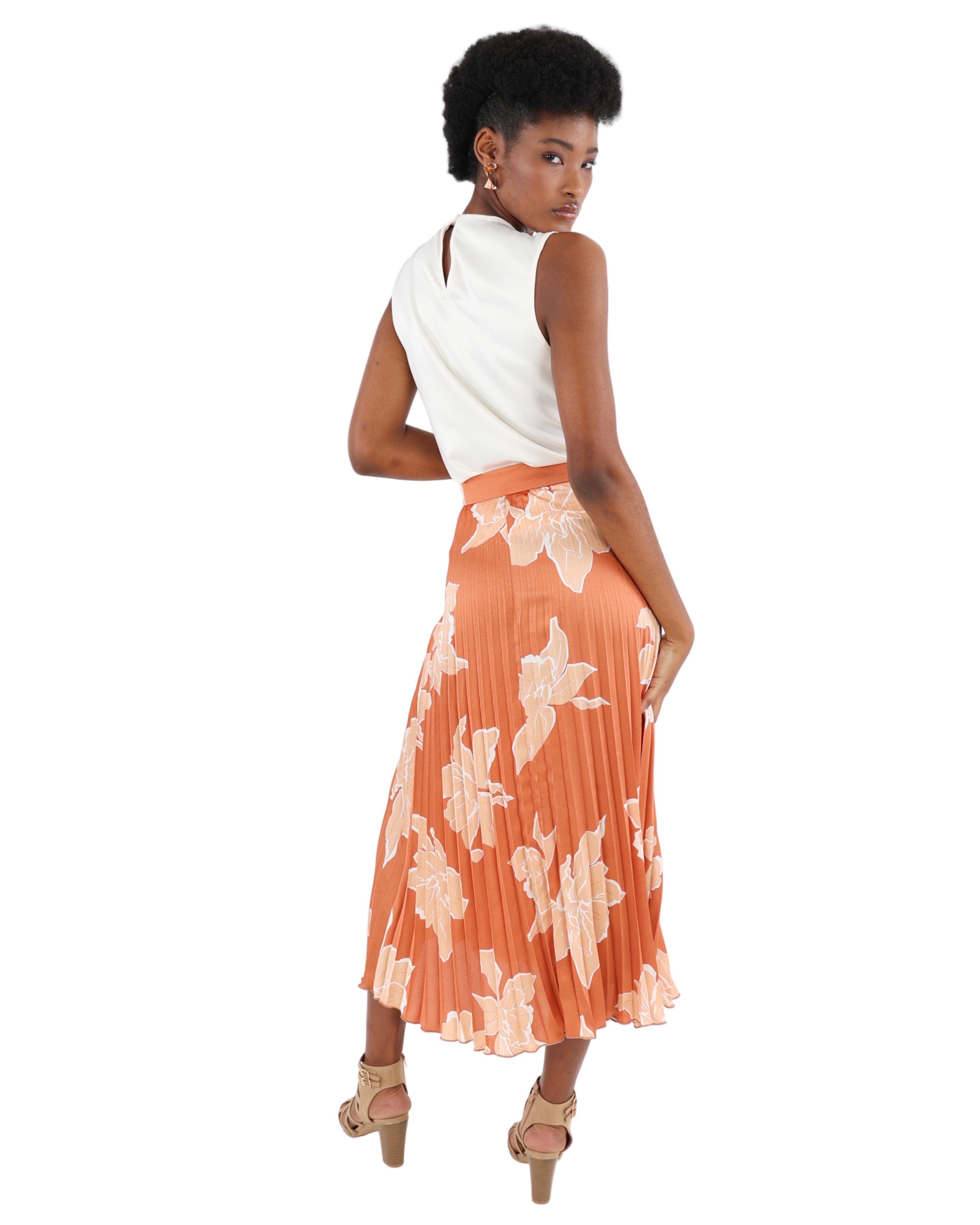 Floral Print Pleated Midi Skirt