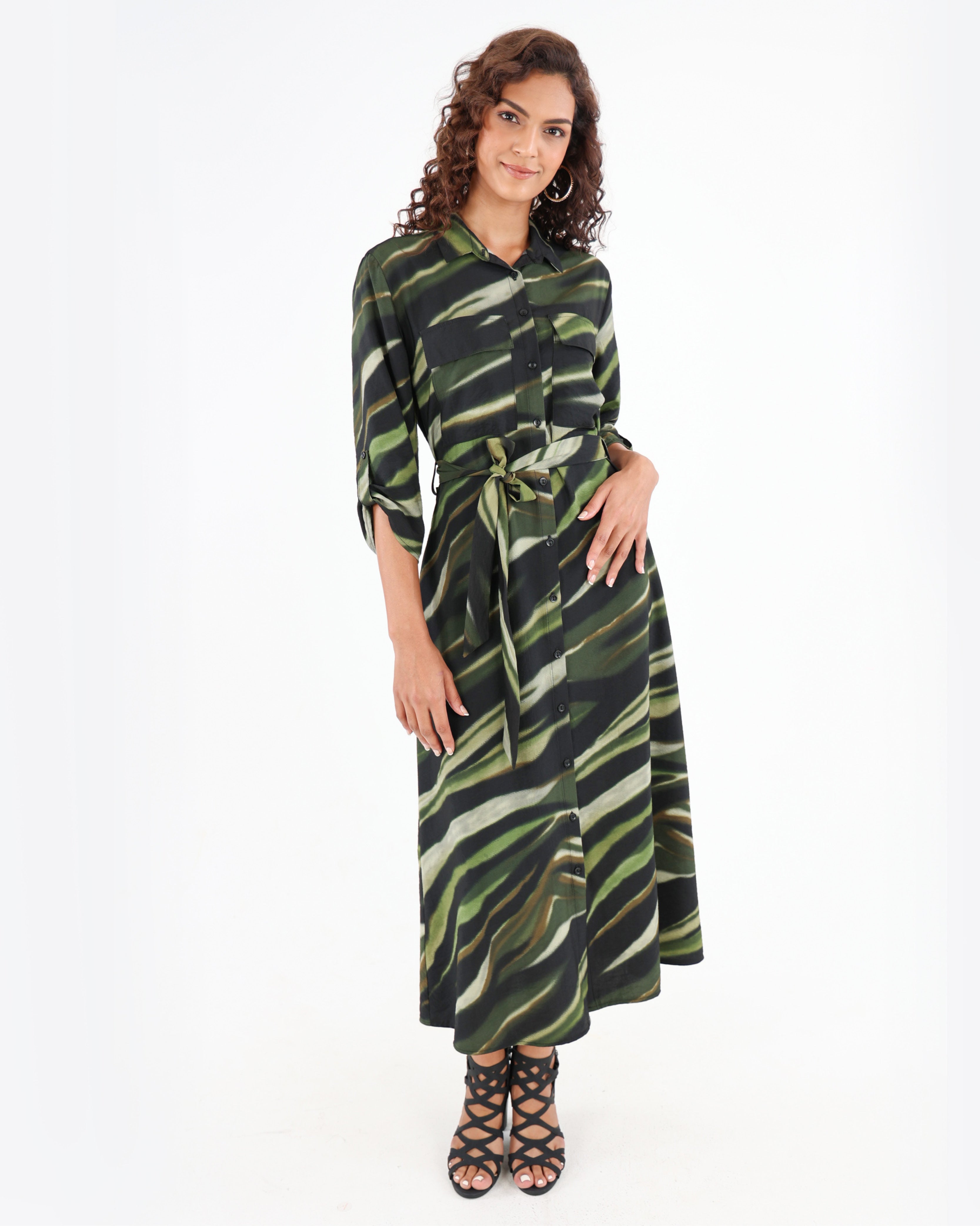 3/4 Sleeve Abstract Print Midi Shirt Dress