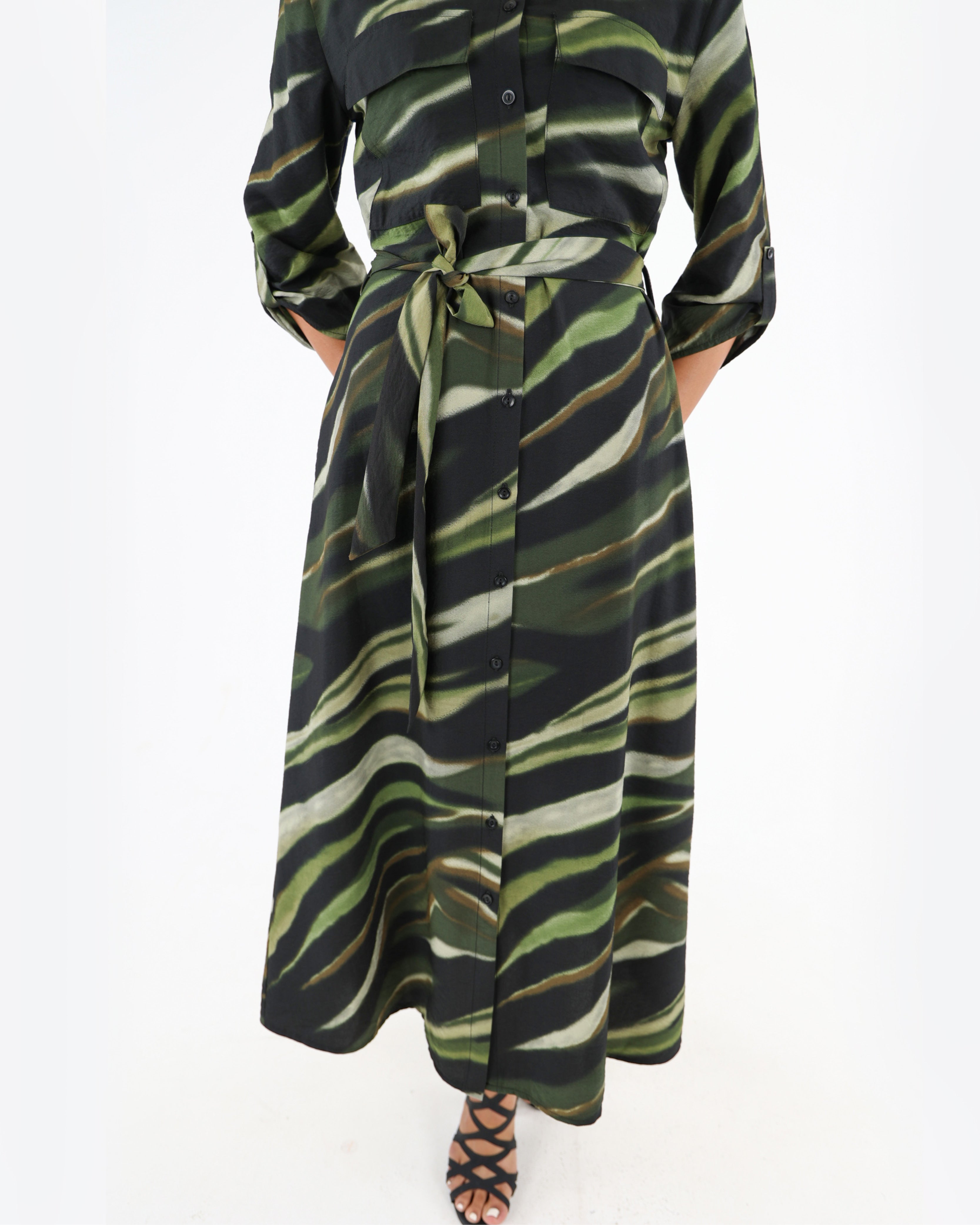 3/4 Sleeve Abstract Print Midi Shirt Dress
